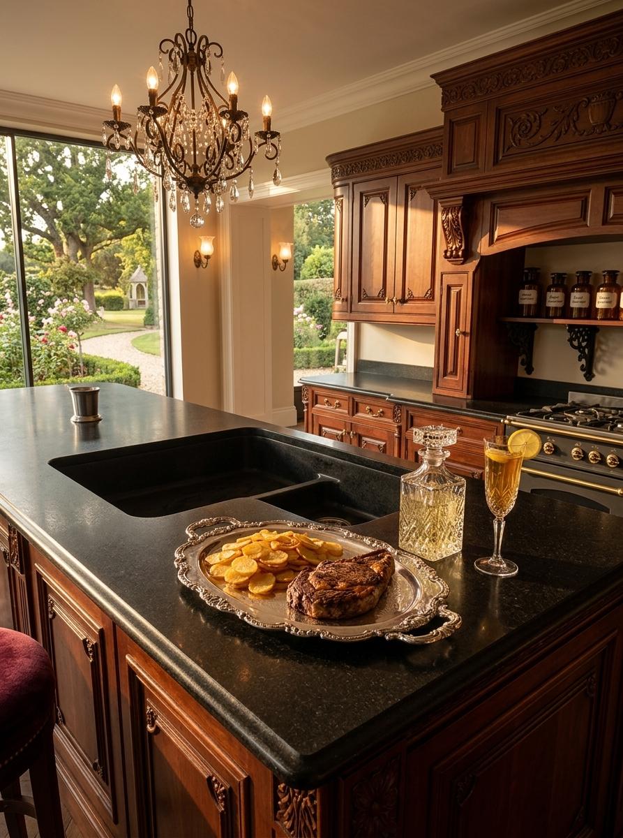 An incredibly lifelike, richly detailed, photorealistic wide-angle interior photograph of a luxurious kitchen set in a secluded, modern estate. The scene is dramatically illuminated by the warm, late afternoon sun streaming through expansive floor-to-ceiling windows, creating a serene and inviting atmosphere. Captured with a Hasselblad X1D II 50C camera and a 45mm lens, emphasizing the rich textures of polished marble, dark wood, and gleaming metal.

This reimagined kitchen transcends the original's contemporary aesthetic, embracing the opulence and intricate detailing of Victorian elegance. The monochromatic palette is softened with a base of creamy alabaster walls, accented with deep, jewel-toned fabrics and rich, dark cherry wood cabinetry. Instead of sleek, handle-less cabinets, imagine bespoke, carved wooden drawers and doors with ornate brass hardware. The marble countertops are replaced with a more subtly veined, honed black granite, providing a sophisticated contrast.

The harsh, track lighting is replaced by a grand, wrought-iron chandelier dripping with crystal accents, casting a warm, ambient glow. Smaller, strategically placed sconces with frosted glass shades, resembling gas lamps, line the walls, adding pools of soft light and enhancing the Victorian ambiance. The wine cooler is subtly integrated behind faux paneling, maintaining the seamless look of the cabinetry.

In the foreground, where the original image presented a grilled chicken and fries, this reimagined space showcases a more refined culinary display. A heavy, ornate sterling silver platter holds a perfectly seared, thick-cut steak, resting alongside a generous portion of pommes Anna, their potato slices baked to a golden crisp. A delicate crystal decanter, filled with sparkling elderflower cordial, sits beside a tall, elegant flute brimming with freshly brewed lemon tea.

The kitchen island, still a central feature, is now a substantial piece of furniture, its front clad in intricately carved wood panels. The seating is far from the original's minimalist stools. Instead, imagine plush velvet bar stools in a deep emerald green, their legs crafted from dark, polished mahogany.

The rear of the kitchen is transformed to reflect Victorian grandeur. The built-in wine cooler is concealed behind a hand-painted trompe-l'oeil fresco depicting a pastoral scene. A large, antique-style range with brass fittings takes pride of place, its hood elaborately decorated with scrollwork. The spice rack is now a charming, open display of apothecary jars with hand-written labels, arranged on open shelving supported by decorative cast iron brackets.

The view from the expansive windows is now a meticulously manicured English garden, bathed in the golden light of the setting sun. Imagine ancient oak trees casting long shadows, rose bushes bursting with blooms, and a meandering gravel path leading to a distant folly. This outdoor vista is not just a backdrop but an integral part of the interior experience, its natural beauty harmonizing with the meticulously crafted elegance within.

The spatial layout prioritizes flow and interaction, with the island serving as both a workspace and a gathering point. The symmetry of the central chandelier and the balanced arrangement of upper cabinetry create a sense of formal order, while the natural light and the warmth of the wood introduce a comforting, human scale. Every element, from the polished silverware to the individually lit crystal decanter, speaks of a deliberate attention to detail, creating an atmosphere of timeless sophistication and understated luxury. The air feels still, carrying the faint scent of beeswax polish and freshly brewed tea – a perfect sanctuary for refined indulgence.