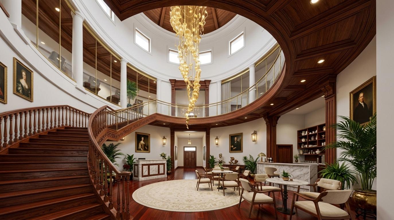 An incredibly lifelike, richly detailed, photorealistic wide-angle interior shot of a grand circular reception hall reimagined with Victorian elegance, set in a lavish, private estate. The scene is illuminated by a combination of soft, filtered daylight from the upper-level clerestory windows and the warm, opulent glow of a massive cascading golden chandelier, creating a timeless and sophisticated atmosphere. Captured with a 24mm architectural lens, emphasizing the deep red tones of the polished mahogany floors and the intricate, hand-carved textures of the grand sweeping staircase. The expansive, multi-level space features neutral-toned walls adorned with classic portrait wall art in gilded frames, while the mezzanine gallery above is enclosed by polished brass railings. On the ground floor, the furniture transitions into refined, carved wooden armchairs upholstered in plush cream fabrics, clustered around marble-topped tables on a circular ivory area rug. To the right, a curated bar area features dark wood shelving filled with heirloom porcelain and golden accents, while lush, oversized indoor plants are positioned strategically to add organic vitality to the opulent setting. The perspective highlights the soaring white columns and the warm wood-paneled ceiling, illustrating a perfect harmony between architectural grandeur and intimate, lived-in luxury.