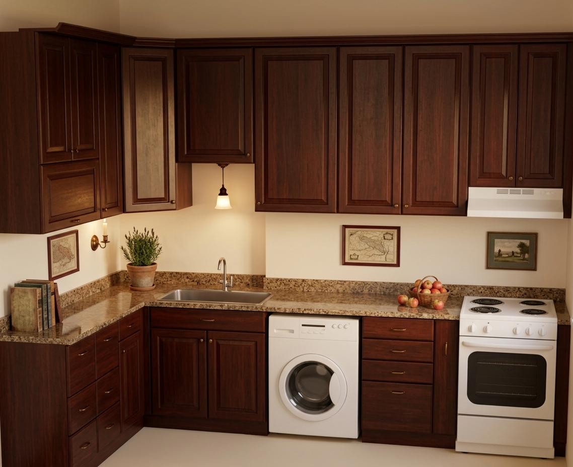 An interior photo of a classic colonial-style kitchen, rendered with the stately elegance of a photography book's historical wall art. The scene is bathed in a warm, diffused light, casting soft shadows that highlight the rich textures of the dark wood cabinetry, likely mahogany or cherry, which dominates the space. This warmth is beautifully complemented by the subtle glow emanating from what appears to be traditional lighting fixtures, creating a comfortable and inviting atmosphere. The countertops display a refined granite pattern, its balanced surfaces echoing the symmetry inherent in colonial design. A stainless steel sink with a classic faucet is seamlessly integrated, positioned beneath a bank of time-honored, dark wood cabinets. To the right, a white electric stove with black burners stands proudly, its solid form contributing to the kitchen's functional aesthetic. A washing machine, a more modern element but presented in a clean, utilitarian design, is tucked neatly into the cabinetry. Subtle hints of deep reds, blues, and warm neutrals likely manifest in decorative elements not fully visible, perhaps in small historical wall art pieces or the subtle tones of the floor. The composition is grounded and functional, drawing the eye across the well-arranged work surfaces. The perspective emphasizes the clean lines and ordered arrangement typical of colonial-era decor, suggesting a space that is both elegant and practical for daily life, hinting at the possibility of carefully chosen indoor plants adding a touch of life and color to this refined, historical setting.