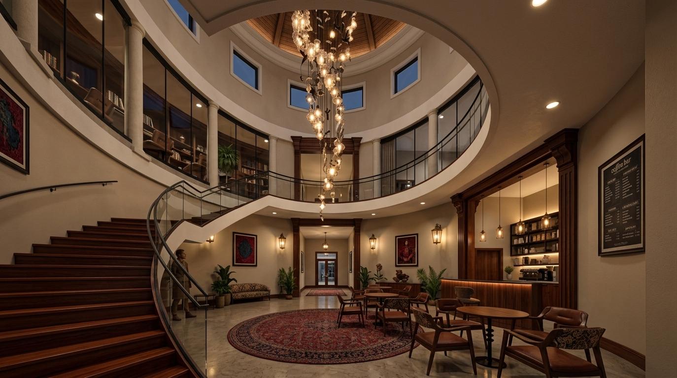 An incredibly lifelike, richly detailed, interior photo of a hotel lobby set in a grand, colonial classic environment. The scene is illuminated by a combination of soft, ambient lighting and the warm glow from a striking, cascading chandelier, creating an elegant and inviting atmosphere. Captured with a wide-angle lens, emphasizing the soaring atrium and the stately, symmetrical design elements. The space features rich mahogany and cherry furniture with balanced surfaces, complemented by colonial-era decor throughout. Dark wood accents on the ceiling and the warm neutrals of the walls provide a comfortable, refined backdrop. Shades of deep reds and blues are subtly incorporated into the historical wall art, enhancing the timeless appeal. Lush indoor plants are strategically placed, adding a touch of organic beauty to the sophisticated surroundings. The grand staircase with its wooden steps and glass railing leads to an upper level overlooking the main lobby, where a bar area and seating arrangements are visible. The overall impression is one of stately comfort and time-honored elegance, reminiscent of a scene from a high-quality photography book.