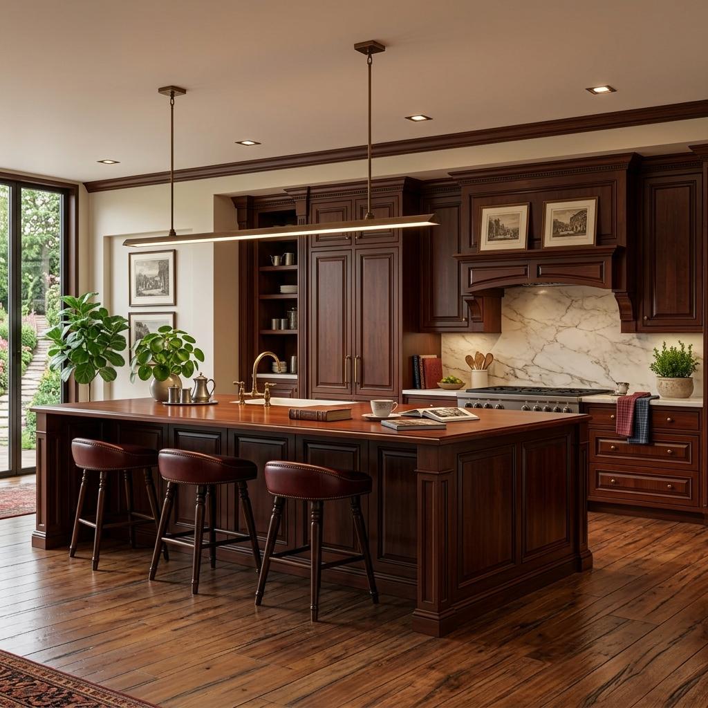 An incredibly lifelike, richly detailed, interior photo of a kitchen set in a stately, refined home. The scene is illuminated by warm, ambient lighting, creating a comfortable and elegant atmosphere. Captured with a wide-angle lens, emphasizing the traditional colonial classic style. The kitchen boasts dark wood cabinetry, likely mahogany and cherry, with intricate detailing. A large island, reminiscent of a dining table from a bygone era, serves as the centerpiece, featuring balanced surfaces adorned with colonial-era decor and a photography book. Historical wall art adorns the walls, adding to the time-honored aesthetic. Shades of deep reds, blues, and warm neutrals are integrated through textiles and accessories, creating a sense of comfort and formality. Indoor plants are strategically placed, bringing a touch of natural vibrancy to the space. The spatial layout is symmetrical, with a clear emphasis on refined, formal living and a connection to historical traditions.