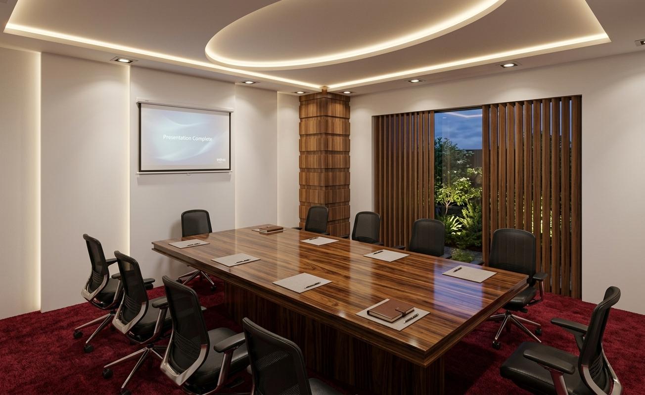 An incredibly lifelike, richly detailed, photorealistic interior photograph of a modern conference room set within a sophisticated office building during a spring night. The scene is illuminated by subtle ambient lights integrated into the ceiling's cove and recessed square fixtures, casting a warm, inviting glow that accentuates the room's sleek finishes, creating a professional yet welcoming atmosphere. Captured with a wide-angle lens, emphasizing the generous proportions of the room and the polished textures of the dark, expansive conference table, framed by a deep crimson carpet and accented by a striking fluted column clad in warm wood tones. The projector screen, seamlessly integrated into the wall where a television might otherwise be, displays a soft, ambient light, hinting at a recently concluded presentation, while the nearby vertical slatted screen offers a visually interesting textural contrast. Beyond the screen, a stylized depiction of an office garden is visible through the window, its greenery softly illuminated by the twilight, adding a touch of natural serenity to the otherwise contemporary design. The composition expertly balances the functional elements of a meeting space with an understated elegance, suggesting a space designed for both productivity and important deliberations.