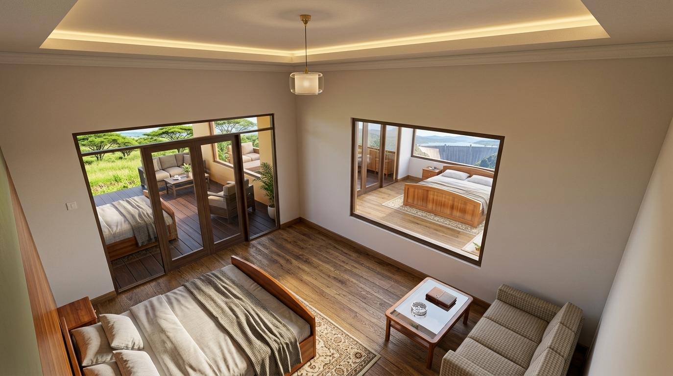 An incredibly lifelike, richly detailed, photorealistic interior photo of a modern colonial-classic bedroom set in a serene summer midday. The scene is illuminated by bright, natural light streaming in from a window revealing a distant dam, creating a warm and inviting atmosphere. Captured with a wide-angle lens, emphasizing the rich textures of the wooden floors and the sleek, modern furniture. The walls are a crisp white, contrasting with the warm wood tones of the bed frames and cabinetry. A gypsum ceiling with subtle, integrated snake lighting adds a touch of contemporary elegance. To the left, a realistic sliding door opens to a lush green savanna landscape, complete with a comfortable outdoor seating area on an adjacent porch. The overall impression is one of sophisticated comfort and tranquil living.