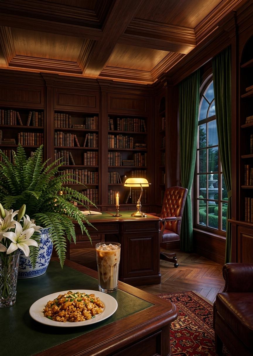 An incredibly lifelike, richly detailed, photorealistic wide-angle interior shot of a colonial classic study room set in a sophisticated late-night setting. The scene is illuminated by the focused, warm golden glow of a brass banker’s lamp and soft amber candlelight, creating a moody, scholarly atmosphere. Captured with a 35mm lens at f/2.8, emphasizing the deep wood grains, the condensation on glass, and the intricate textures of the gourmet meal.

This reimagined design transforms the organic-modern niche into a grand Colonial Classic library and study. The back wall, once a matte black void, is now clad in rich, floor-to-ceiling mahogany paneling with integrated bookshelves filled with leather-bound volumes. The ceiling’s modern beams are replaced with heavy, coffered dark wood, with the recessed lighting swapped for a soft, indirect warm wash that highlights the architectural molding.

At the center of the composition sits a heavy, antique mahogany pedestal desk with a deep green leather inlay. Tucked into the desk is a high-backed executive chair upholstered in button-tufted oxblood leather, offering a sense of history and permanence. The floor, previously covered in a shag green rug, is now a polished herringbone hardwood, partially covered by a vintage hand-knotted Persian rug in deep shades of crimson, navy, and gold, grounding the room in tradition.

On the corner of the polished desk, a culinary scene adds a sense of lived-in luxury. A white ceramic plate holds a portion of golden-brown chicken crispy rice; the chicken is perfectly glazed and glistening under the lamp light, topped with vibrant green scallions. Beside it, a tall, ribbed glass of iced coffee features swirling cream and condensation beads trailing down the side, with the ice cubes catching the amber light of the room.

To the right, where the sculptural white shelf once stood, resides a grand, arched window draped in heavy forest-green velvet curtains. Through the glass, a moonlit colonial garden is visible, with the silhouette of a classic stone fountain and manicured boxwood hedges silvered by the midnight sky.

The original dried palms and pampas grass are replaced by more formal botanical elements: a large, lush Boston fern sits in a blue-and-white porcelain planter, while a single crystal vase holds a spray of white lilies. The balance of the room is strictly symmetrical, conveying a sense of order and prestige. This design moves away from the airy, bohemian feel of the original, leaning instead into a dense, tactile environment where every material—from the cool brass of the lamps to the crunchy texture of the rice—feels incredibly real and evocative of a private, high-end sanctuary.