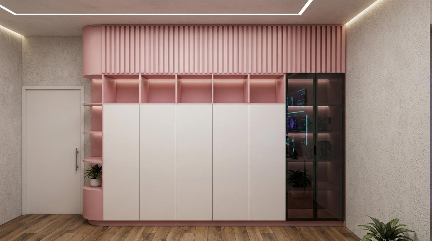 An incredibly lifelike, richly detailed, photorealistic interior photo of a walk-in closet set in a cyber eclectic fusion environment. The scene is illuminated by subtle LED accent lighting and a soft, diffused overhead glow, creating a bold yet inviting atmosphere. Captured with a wide-angle lens, emphasizing the layered textures and bold design elements, the shot showcases a striking wall of custom cabinetry. The primary storage units feature clean, minimalist fronts in a soft white, contrasted by a pastel pink framework and shelving units that integrate vertically slated panels at the top. To the right, two sleek, dark tinted glass doors offer a glimpse into shadowy, perhaps holographic displays. The surrounding walls have a subtle, stucco-like texture, setting a grounding industrial base. The flooring is a warm, wide-plank wood, adding an organic touch. A plain white door with a minimalist handle is positioned to the left, hinting at further exploration within the space. The composition highlights the interplay of soft curves and sharp lines, with the pastel pink elements providing a unique, almost futuristic aesthetic against the otherwise subdued palette. While not explicitly present, the envisioned rendering would subtly incorporate hints of neon blues, purples, and greens through holographic wall art or integrated LED strips in the furniture, as well as potted indoor plants to balance the tech-inspired, urban-infused design with organic elements, creating a truly unique, cyberpunk-inspired decor.