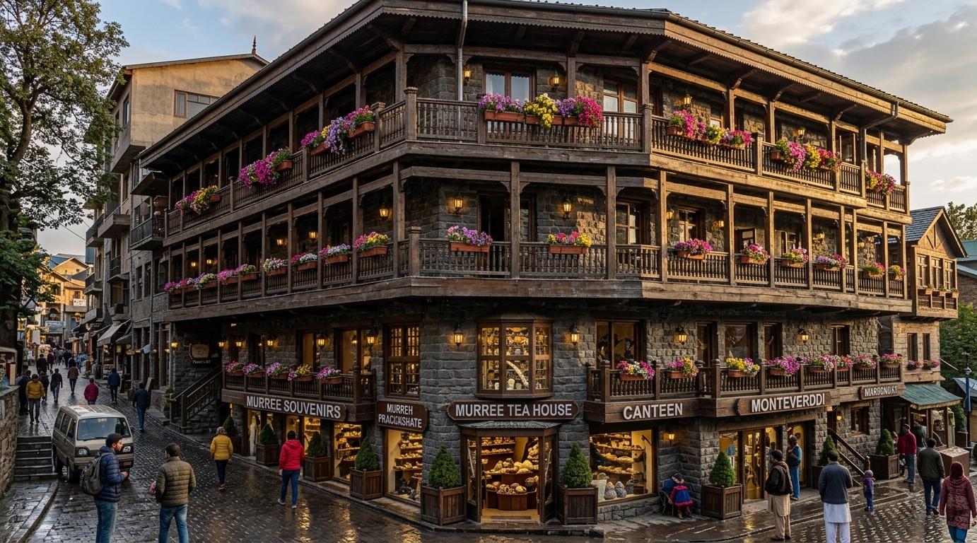An incredibly lifelike, richly detailed, photorealistic architectural photograph of a vibrant marketplace street scene framed by a multi-story building adorned with dark, weathered wood and charcoal-colored stone. Indian exuberance pulses through the air, evident in the explosion of colorful flowers cascading from numerous balconies and window boxes, contrasting with the deep, rich tones of the building's materials. The scene is illuminated by the warm, golden light of what appears to be late afternoon or early evening, casting long shadows and highlighting the wet, reflective cobblestone street, possibly from a recent rain. This warm lighting creates a cozy yet lively atmosphere, suggesting a bustling hub of activity. Captured with a wide-angle lens, the composition draws the viewer into the heart of the scene, emphasizing the charming, intricate details of the traditional architecture, with its projecting upper floors, wooden balustrades, and stone masonry. Inhabitants of the scene, depicted in a semi-stylized manner, add a sense of scale and movement, weaving through the shops that line the street, including "Murree Souvenirs" and "Murree Tea House." The overall impression is one of a timeless, picturesque mountain town, overflowing with charm and character.