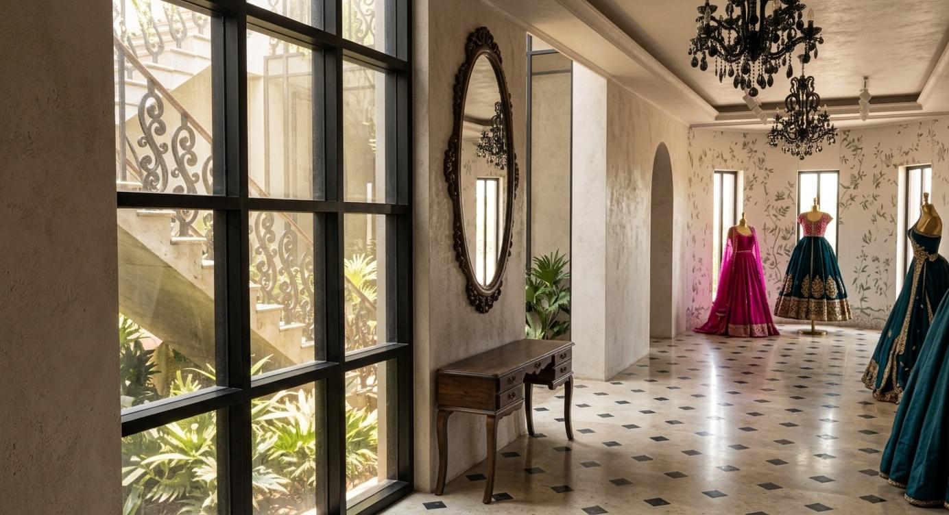 An incredibly lifelike, richly detailed, photorealistic wide-angle interior shot of a luxurious bridal boutique set in a contemporary space inspired by the grandeur of Mughal architecture. The scene is illuminated by the bright, diffused glare of a midday summer sun streaming through large glass panels, creating a warm, opulent, and airy atmosphere that evokes a sense of Indian exuberance. Captured with a high-end 35mm lens, the image emphasizes the interplay between traditional craftsmanship and modern elegance, showcasing a polished stone floor with classic black diamond marble insets that lead the eye toward a curved showroom wall adorned with delicate botanical wallpaper. To the left, a large, black-framed industrial-style window reveals a lush, sun-drenched courtyard garden with a winding stone staircase and ornate wrought-iron railings, while a dark walnut cabriole-leg console table sits beneath a grand, intricately carved oval mirror. Two massive, ornate black chandeliers hang from a recessed ceiling, casting soft, sophisticated shadows across the textured plaster walls. In the distance, vibrant magenta and deep teal bridal gowns on mannequins stand as focal points of the showroom, their rich silk and velvet textures catching the light, successfully blending the intimate comfort of a stately living room with the high-fashion allure of a premier Indian atelier.