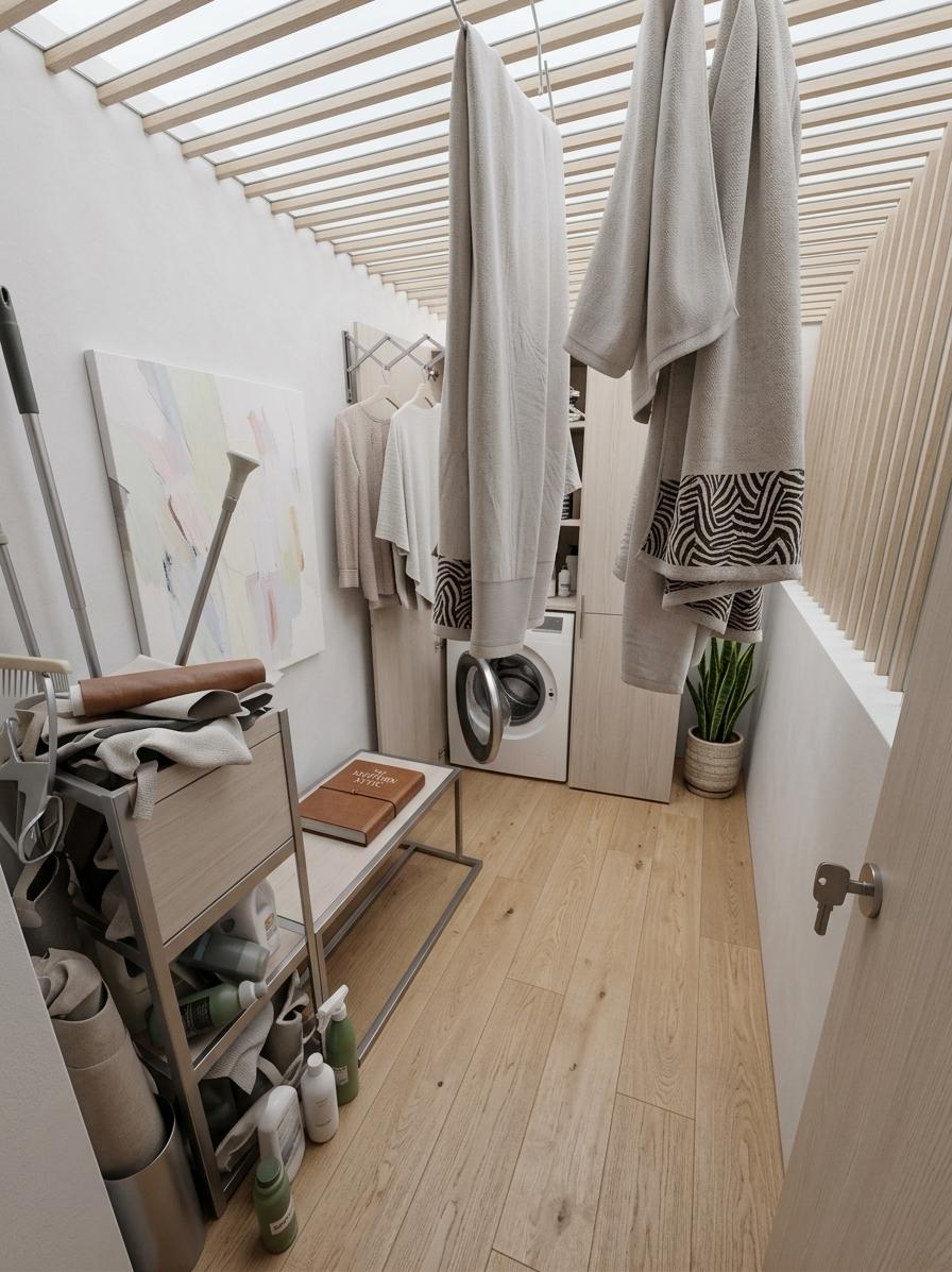 An incredibly lifelike, richly detailed, photorealistic wide-angle shot of a minimalist attic haven set in a contemporary urban dwelling. The scene is illuminated by soft, diffused morning light cascading through a series of architectural slatted skylights, creating a serene and zen-inspired atmosphere. Captured with a high-end 35mm lens, emphasizing the smooth, matte textures of white plaster walls and the warm, tactile grain of light oak flooring that replaces the old gravel. The previously cluttered utility corridor is transformed into a streamlined sanctuary where customized, floor-to-ceiling cabinetry in pale ash wood hides all appliances and storage, ensuring perfectly uncluttered surfaces. A sleek metal-framed bench sits against one wall, holding a curated photography book and positioned beneath a large-scale abstract wall art piece featuring subtle pastel strokes. At the end of the space, a tall, architectural snake plant adds a pop of organic green, while the light-drenched environment feels airy and functional, balancing modern elegance with a sense of quiet meditation.