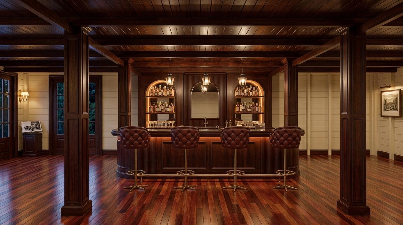 An incredibly lifelike, richly detailed, photorealistic wide-angle interior shot of a sophisticated restaurant bar set in a refined colonial classic lounge during the night. The scene is illuminated by the warm, focused glow of three antique-inspired lantern pendants and soft amber backlighting from the liquor displays, creating an intimate, time-honored atmosphere. Captured with a 35mm lens, emphasizing the rich grain of the heavy mahogany ceiling beams and the supple, tufted texture of the deep reddish-brown leather barstools, the image exudes a sense of solid, formal elegance. The composition is perfectly symmetrical, framed by two stately dark-wood pillars that lead the eye toward a balanced central bar where historical wall art and photography books are suggested on the peripheral surfaces. The deep, warm neutrals of the horizontal-paneled walls contrast beautifully with the darkness of the woodwork, while the polished hardwood floors reflect the ambient light in shades of deep red and soft gold. Intricate moldings and colonial-era decor choices give the space a stately, comfortable feel, evocative of a high-end architectural rendering for an exclusive, heritage-inspired destination.