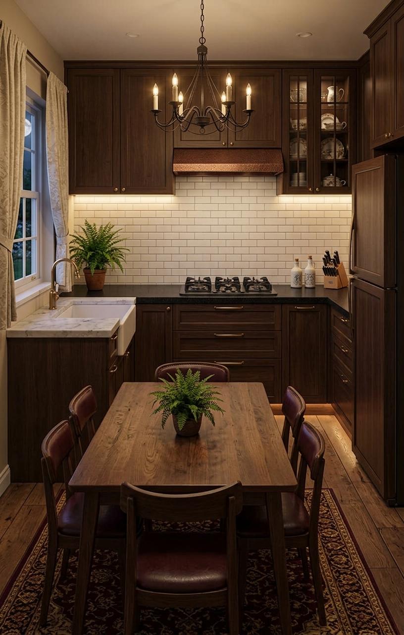 An incredibly lifelike, richly detailed, photorealistic interior photo of a kitchen and dining area set in a colonial classic style. The scene is illuminated by warm, ambient under-cabinet lighting and a soft glow from a nearby window, creating a cozy and inviting atmosphere after dusk. Captured with a wide-angle lens, it emphasizes the rich textures of dark walnut cabinetry, polished marble countertops, and the subtle weave of the antique Persian rug that subtly defines the dining space. The original design, while functional, feels a bit cramped and lacks distinct zones.

My reimagined design carves this 10x10ft space into two clearly defined functional areas, creating a sense of expanded space and purpose. The kitchen, now a self-contained galley, features creamy off-white Shaker cabinets with brass hardware, extending to the ceiling for maximum storage. The backsplash is a classic white subway tile in a running bond pattern, contrasting with the dark, honed absolute black granite countertops. A vintage-inspired gas range with a copper hood anchors the cooking zone. The dining area, positioned to the right and separated by a strategically placed hutch with glass doors showcasing antique china, features a sturdy rectangular oak table, capable of seating six, with elegantly carved wooden chairs upholstered in a deep burgundy leather. A wrought-iron chandelier with candelabra bulbs hangs above, casting a warm, dappled light. The floor transitions from the honed granite in the kitchen to wide plank, hand-scraped oak in the dining area, further delineating the spaces.

The window, now draped with heavy, cream linen curtains with a subtle damask pattern, offers a glimpse of a moonlit garden, hinting at the colonial estate setting. The atmosphere is one of refined comfort and understated elegance. The kitchen cabinetry maintains a balance between classic proportions and modern functionality, with deep drawers and pull-out shelves. The dining set, while substantial, is scaled appropriately for the room, allowing for comfortable circulation. The use of natural materials – wood, stone, leather, and fabric – creates a tactile richness that draws you in. This reimagined space feels like a cherished room in a historic home, perfect for intimate family meals or quiet contemplation.