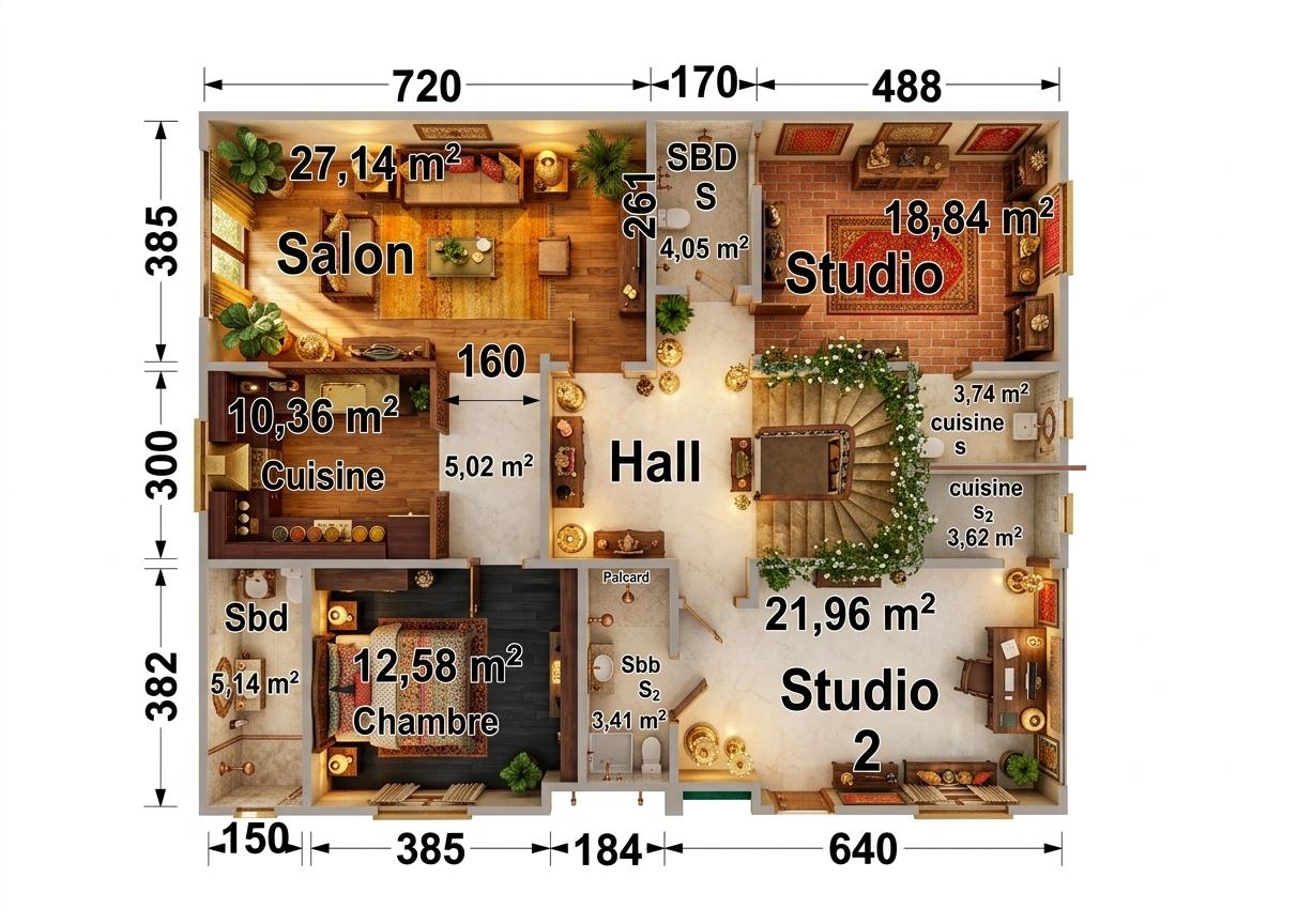 An incredibly lifelike, richly detailed, photorealistic wide-angle architectural floorplan shot of a sprawling, multi-generational residence set in an opulent estate filled with Indian exuberance. The scene is illuminated by warm, golden afternoon light that floods through unseen floor-to-ceiling windows, creating a vibrant and spiritual atmosphere. Captured with a high-resolution lens, the image emphasizes the intricate textures of hand-carved teak furniture, polished brass accents, and lush indoor greenery that punctuates every room. In the expansive "Salon," rich oak flooring is layered with a hand-woven silk rug in shades of saffron and deep ochre, while the "Studio" sections feature textured terracotta brickwork and walls adorned with intricate Indian textile art in bold crimsons and golds. The "Cuisine" areas are masterpieces of craftsmanship, showcasing dark mahogany cabinetry, gleaming brass hardware, and surfaces adorned with handcrafted ceramic spice jars. The "Chambre" feels serene yet opulent, with charcoal-stained wood floors and a plush bed dressed in vibrant, hand-blocked linens. Throughout the "Hall" and corridors, ornate brass lamps and spiritual artifacts sit atop intricately carved consoles, with flourishing indoor plants like fiddle-leaf figs and jasmine vines bringing a fresh, organic vitality to the composition. The entire residence is an explosion of texture and color, blending traditional Indian motifs with modern architectural luxury, all captured with a shallow depth of field that makes the smallest details—from the grain of the wood to the fine embroidery on the wall hangings—pop with tactile realism.