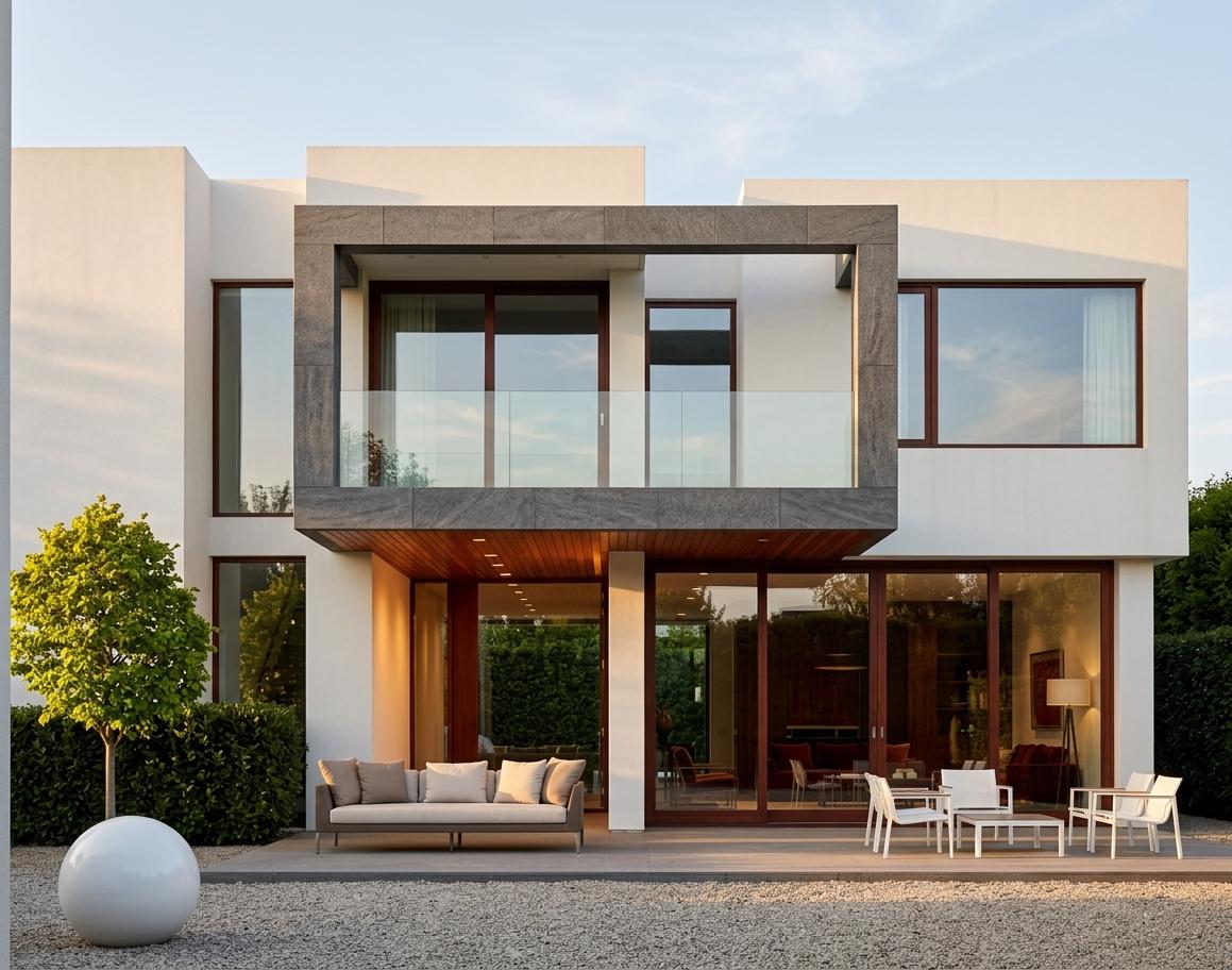 An incredibly lifelike, richly detailed, photorealistic exterior eye-level shot of a stately modern residence set in a serene, manicured suburban environment. The scene is illuminated by the soft, honey-hued glow of the golden hour, creating a warm, refined, and inviting atmosphere. Captured with a professional 24mm tilt-shift lens, the image emphasizes the crisp vertical lines and the exquisite interplay of diverse textures, from smooth plaster to raw concrete and polished wood.

The architecture is a masterclass in modern geometry, featuring a series of interlocking white cubic volumes that provide a clean, formal canvas for more rustic elements. A prominent, central cantilevered frame finished in a textured, charcoal-grey stone defines the upper-floor balcony. This balcony is enclosed by seamless, crystal-clear glass balustrades that disappear into the view, highlighting the "time-honored" warmth of the mahogany wood-slat ceiling above the entryway.

The facade is punctuated by large, expansive floor-to-ceiling glass panels that dissolve the boundary between the interior and exterior. The window trim is finished in a rich, dark cherry wood, adding a sense of solid, "colonial classic" craftsmanship to the minimalist form. Through these windows, a glimpse of the interior reveals a sophisticated world of "deep reds and warm neutrals." Stately mahogany furniture and comfortable seating are visible, arranged with a formal and balanced symmetry. A classic floor lamp and subtle colonial-era decor pieces suggest a space that is both elegant and deeply comfortable.

At ground level, a gravel courtyard creates a tactile foreground, leading to a recessed entryway clad in vertical wood slats that glow under the low-angled sun. A sleek, minimalist sofa with plush neutral-toned pillows sits on the patio, inviting relaxation. To the right, a grouping of elegant, white modern chairs surrounds a low coffee table, perfecting the outdoor living space.

The surrounding landscape is meticulously curated, featuring a crisp green lawn bordered by fine gravel and low-lying shrubs. A solitary, vibrant green tree stands to the left, its leaves catching the backlight of the setting sun, while a dense, dark green hedge in the background provides a sense of privacy and enclosure. The sky above is a pale, fading blue with soft wisps of clouds, reflecting gently in the upstairs windows and adding depth to the overall composition of this high-end architectural visualization.