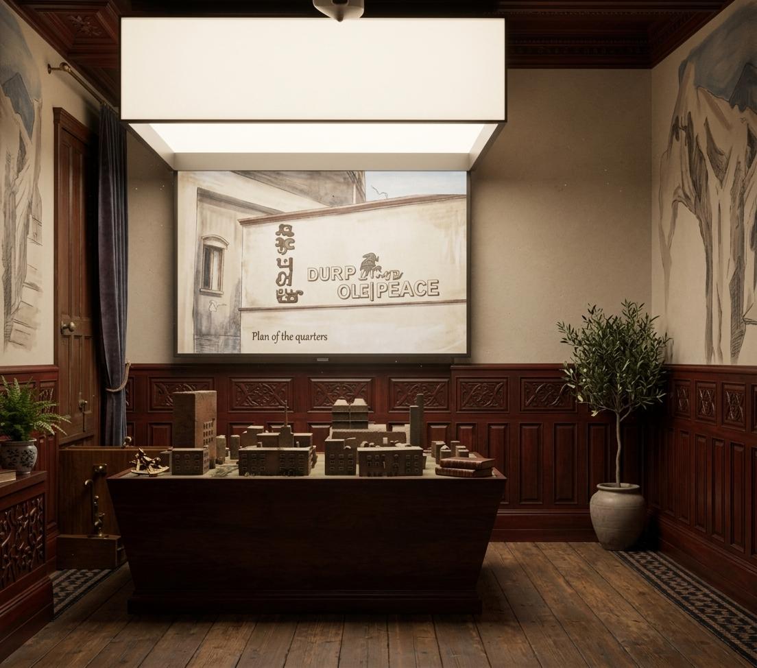 An incredibly lifelike, richly detailed, photorealistic eye-level shot of a stately colonial classic living room set in a time-honored historic estate. The scene is illuminated by a soft, diffused overhead glow from a massive rectangular light box and warm ambient rays hitting the walls, creating a formal and scholarly atmosphere. Captured with a professional 35mm lens, the image emphasizes the rich textures of the dark mahogany wainscoting and the delicate, intricate plaster moldings along the high ceiling. This refined space features an elegant, symmetrical layout where a central architectural miniature model rests atop a solid, dark pedestal, positioned directly beneath the light source and in front of an illuminated screen displaying historical wall art. The room's palette is a sophisticated blend of deep reds, blues, and warm neutrals, accented by the polished sheen of cherry wood furniture and balanced surfaces. The walls are adorned with grand, mural-like sketches of historical contexts, while colonial-era decor and a strategically placed photography book add layers of intellectual depth. The composition feels solid and comfortable yet strictly formal, with every element from the textured floor to the subtle presence of indoor plants contributing to a sense of timeless, refined elegance.