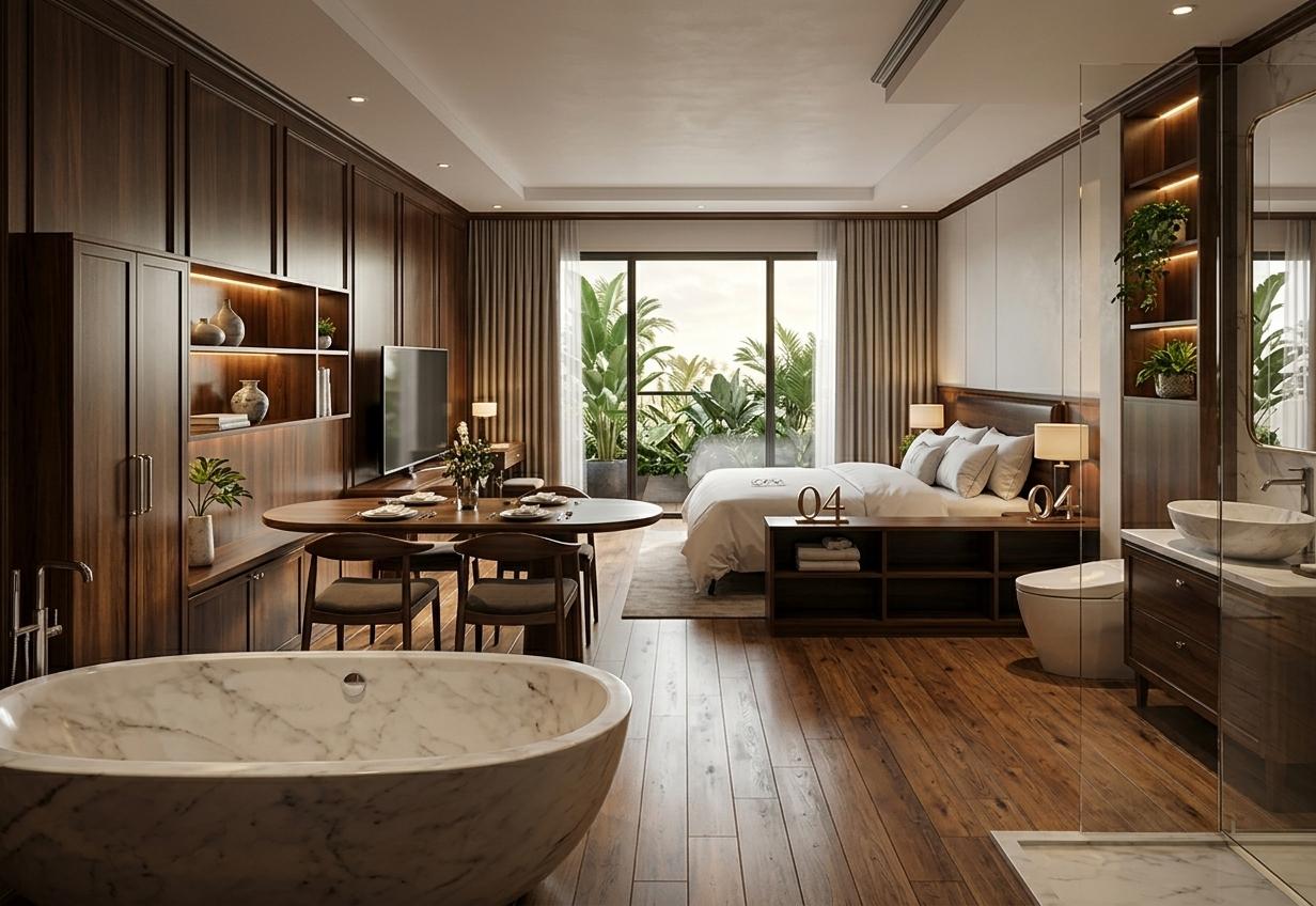 An incredibly lifelike, richly detailed, photorealistic architectural photo of a sophisticated living space that seamlessly blends colonial classic aesthetics with modern functionality. The scene is illuminated by a warm, diffused natural light streaming in from a large, unseen window, creating a serene and inviting atmosphere that feels like a perfect late afternoon. Captured with a wide-angle lens, the photo emphasizes the rich textures of the dark, polished wood paneling that adorns the walls and the warm, wide-planked wooden flooring beneath, both characteristic of colonial design. The composition showcases a luxurious, king-sized bed with a dark wooden headboard, neatly dressed in crisp white linens, positioned centrally to draw the eye. Adjacent to the bed, a sleek, dark wood entertainment unit with integrated shelving and displays runs along the wall, hinting at modern entertainment systems within the classic framework. A striking, oval-shaped bathtub, crafted from a smooth, white material, sits prominently in the foreground, its placement suggesting a spa-like indulgence within the bedroom itself. The overall proportions are generous, creating a sense of spaciousness, while the thoughtful integration of lighting, both ambient and accent, highlights the luxurious finishes and materials, evoking a feeling of refined comfort and tasteful elegance that speaks to a discerning homeowner.