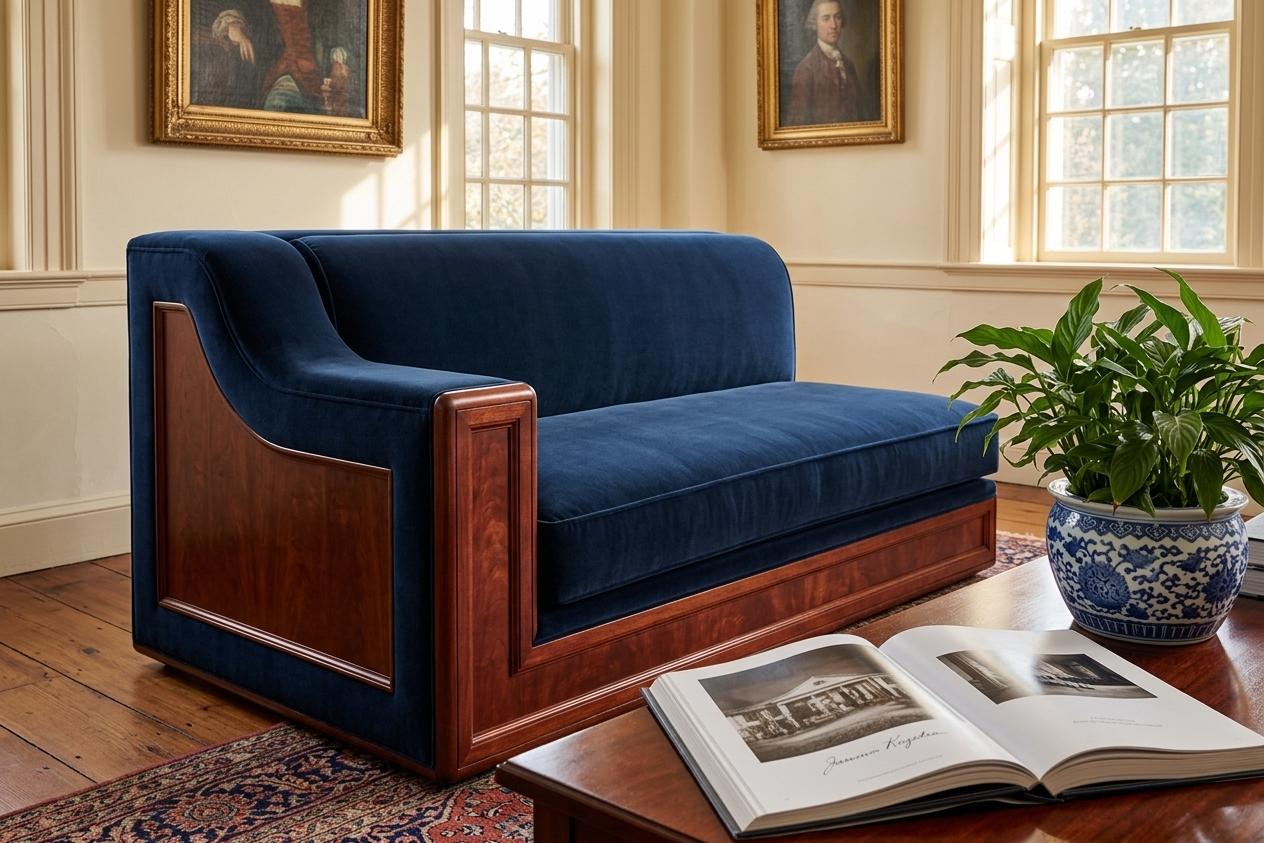An incredibly lifelike, richly detailed, photorealistic medium-angle interior photo of a refined living room set in a stately colonial classic estate. The scene is illuminated by soft, warm morning sunlight filtering through multi-paned windows, creating a tranquil and sophisticated atmosphere. Captured with a 35mm f/2.8 lens, emphasizing the plush texture of the deep navy blue velvet upholstery and the intricate grain of the hand-polished mahogany accents. The central furniture piece, a solid and elegant sofa section, features a timeless silhouette with a gracefully curved armrest and recessed side panels of rich cherry wood that exhibit a subtle, honey-toned sheen. Balanced surfaces throughout the room are adorned with colonial-era decor, including an open photography book resting on a dark wood coffee table and a vibrant green indoor plant in a blue-and-white porcelain pot. In the background, historical wall art in gilded frames adds a layer of time-honored elegance against warm neutral walls, while the overall color palette of deep reds, blues, and cream tones creates a formal yet comfortable environment indicative of high-end architectural marketing photography.