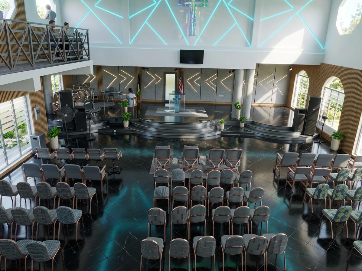 An incredibly lifelike, richly detailed, photorealistic wide-angle perspective of a church’s main sanctuary and altar reimagined with a cyber eclectic fusion aesthetic, set in a contemporary spiritual hub during the height of a bright summer midday. The scene is illuminated by vibrant sunlight pouring through large, geometric frosted glass windows and intricate neon-cyan LED channels recessed into the faceted ceiling, creating a transcendent and energetic atmosphere. Captured with a high-resolution 24mm lens, emphasizing the high-gloss sheen of the polished black marble floors and the tactile warmth of oak slat acoustic panels lining the walls. The original stage is transformed into a multi-tiered, architectural platform of brushed gunmetal and smoked glass, featuring a sleek, minimalist acrylic podium with integrated digital displays for scripts. The seating is meticulously rearranged into a majestic, semicircular configuration using ergonomic, slate-gray mesh chairs with rose-gold metallic frames, ensuring perfect proportions and a sense of communal intimacy. In the center of the backdrop, a massive, suspended 3D cross made of interlocking iridescent glass shards catches the natural light, casting prismatic reflections throughout the space. The design harmoniously balances high-tech elements with human-scale comfort, replacing heavy curtains with automated smart-glass louvers that reveal glimpses of a lush, sun-drenched outdoor garden, bridging the gap between the digital and natural worlds in a sophisticated architectural statement.