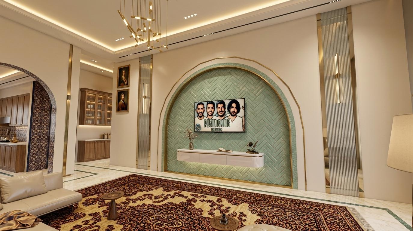 An incredibly lifelike, richly detailed, photorealistic wide-angle interior shot of a grand living room set in a luxurious private residence that seamlessly blends contemporary design with Victorian elegance. The scene is illuminated by a sophisticated layering of warm, recessed LED coving, slim vertical wall sconces, and a striking golden multi-pendant chandelier, creating a plush and opulent atmosphere. Captured with an architectural lens that emphasizes the exquisite depth of field, the composition highlights an ornate focal archway featuring a mint-green herringbone tile texture framed in polished gold, providing a sophisticated backdrop for a sleek floating console and curated heirloom decor. To the left, a traditional arched passageway showcases intricate patterned tilework leading to a refined kitchen, while classic portrait wall art adds a timeless, antique touch to the rich neutral walls. The space is anchored by a massive, high-contrast Persian rug in shades of deep red and gold, upon which sits plush upholstered seating and carved wooden side tables, reflecting a commitment to refined craftsmanship. Every surface, from the polished marble floors with delicate green inlays to the fluted glass wall panels, glistens with realistic reflections, bringing this lavishly curated environment to life with an air of timeless sophistication and architectural grandeur.