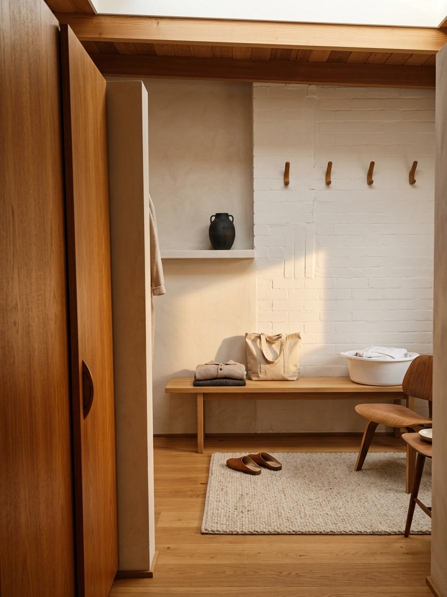 An incredibly lifelike, richly detailed, photorealistic mid-range interior shot of a refined mid-century modern attic conversion set in a secluded, sun-drenched woodland estate. The scene is illuminated by soft, golden-hour light streaming through a newly installed, large-format skylight, creating a warm and inviting atmosphere that highlights the meticulous organization of the space. Captured with a high-resolution camera and a 35mm prime lens, emphasizing the rich textures of honey-toned teak cabinetry and the smooth, eggshell-finish plaster walls that have replaced the former clutter. The once-messy corner is transformed into a minimalist sanctuary featuring a sleek, built-in wooden wardrobe with integrated finger-pull handles and a low-profile white oak bench. In place of the storage bags and metallic cylinder, a curated matte-black ceramic vase sits neatly on a floating walnut shelf, while a classic Eames-style molded chair rests on a plush, oatmeal-colored wool rug. The floor is now a seamless expanse of polished wide-plank oak, and the back wall, formerly cluttered with hooks, is a clean, white-painted brick surface providing a subtle architectural texture. Deep shadows define the sloped ceiling's exposed cedar beams, lending a sense of height and structural rhythm to the attic’s cozy proportions, perfectly balancing functional living with a sophisticated, timeless aesthetic.
