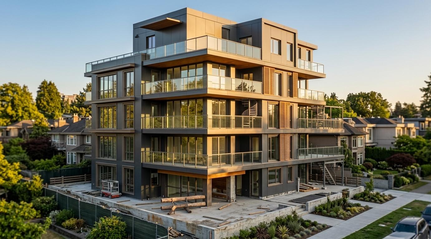 An incredibly lifelike, richly detailed, photorealistic wide-angle exterior shot of a sophisticated modern residence set in a prestigious, sun-drenched urban enclave. The scene is illuminated by the soft, directional light of the golden hour, creating a warm and inviting atmosphere that casts long, elegant shadows across the site. Captured with a 35mm tilt-shift lens, emphasizing the crisp geometric lines and the harmonious blend of rich textures, the building’s front elevation presents a masterclass in Neo-Victorian elegance reimagined through contemporary materials. The facade features a striking combination of sleek, matte-finish charcoal aluminum composite panels and warm, honey-toned plywood soffits that add a natural organic depth to the structure. Intricate timber louvers are strategically placed to offer privacy while creating a rhythmic play of light across the expansive glass windows, which are framed with modernized Victorian-inspired moldings. The multi-tiered design boasts spacious balconies with glass balustrades that reflect the surrounding greenery, while the ground level is grounded by polished concrete walkways and manicured landscaping, all coming together in a high-resolution display of luxury and architectural precision.