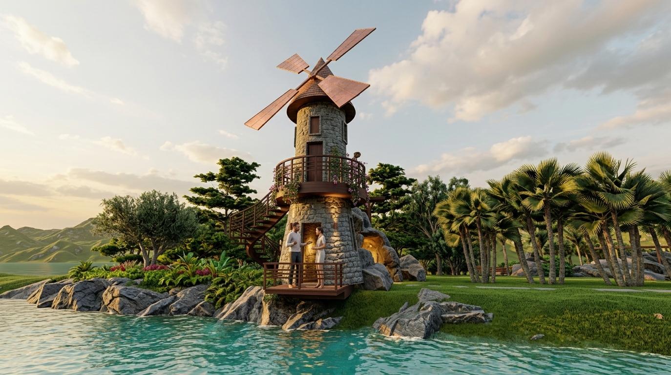 An incredibly lifelike, richly detailed, photorealistic wide-angle shot of a boutique stone windmill retreat set in a lush, tropical riverside oasis. The scene is illuminated by the golden, honeyed glow of a summer sunset, creating a warm, tranquil, and magical atmosphere. Captured with a high-end architectural lens, the image emphasizes the rugged, tactile texture of the hand-hewn grey stone tower and the rich, polished grain of the mahogany wooden balconies. At the water's edge, a cantilevered deck at level 0.00 projects boldly over the shimmering turquoise river, while an upper balcony at level 3.00 is adorned with delicate climbing vines and reached via an elegant, spiraling staircase. Hidden warm-toned sconces recessed into the stony facade and the mouth of a mysterious, rock-carved tunnel entrance provide soft, inviting pools of light that dance across the structure. The surrounding environment is characterized by "Indian exuberance," featuring a dense canopy of swaying fan palms, vibrant tropical shrubbery, and manicured lawns that transition into a backdrop of rolling green hills under a soft, cloud-dappled sky. Every element, from the copper-finished windmill sails reflecting the fading light to the subtle ripples on the navigable waterway, is rendered with exquisite clarity and depth, evoking a sense of high-end architectural luxury.