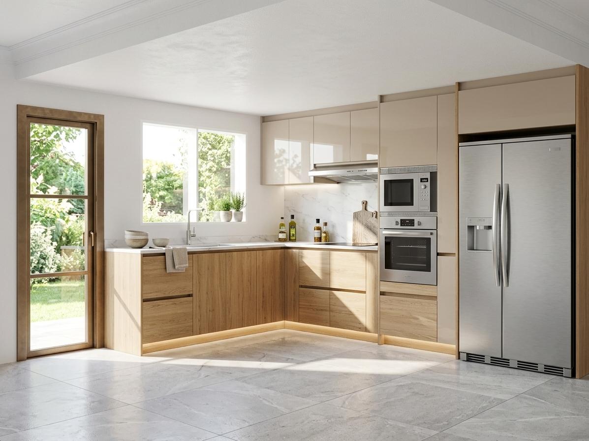 An incredibly lifelike, richly detailed, photorealistic wide-angle interior shot of a bespoke kitchen set in a residence of Victorian elegance. The scene is illuminated by bright, natural morning light spilling from the side, complemented by a soft, warm glow from integrated LED strips hidden within the kickplates, creating a sophisticated and ethereal atmosphere. Captured with a professional 24mm architectural lens, emphasizing the organic texture of the light natural oak (Roble Natural) grain on the base cabinetry and the flawless, mirror-like reflections on the high-gloss beige upper units. The L-shaped layout features a pristine white marble countertop with subtle grey veining, hosting a sleek undermount sink positioned beneath a large, minimalist window that invites the outdoors in. High-end stainless steel appliances, including a built-in microwave and oven, are integrated with surgical precision into the beige cabinetry, while a massive side-by-side refrigerator is encased in a warm oak frame, anchoring the space. To the left, a refined, bronze-toned framed door with glass panes adds a touch of classic architectural flair, while the seamless transition between the warm wood and the polished lacquer finishes exemplifies a perfect marriage of contemporary minimalism and timeless luxury.