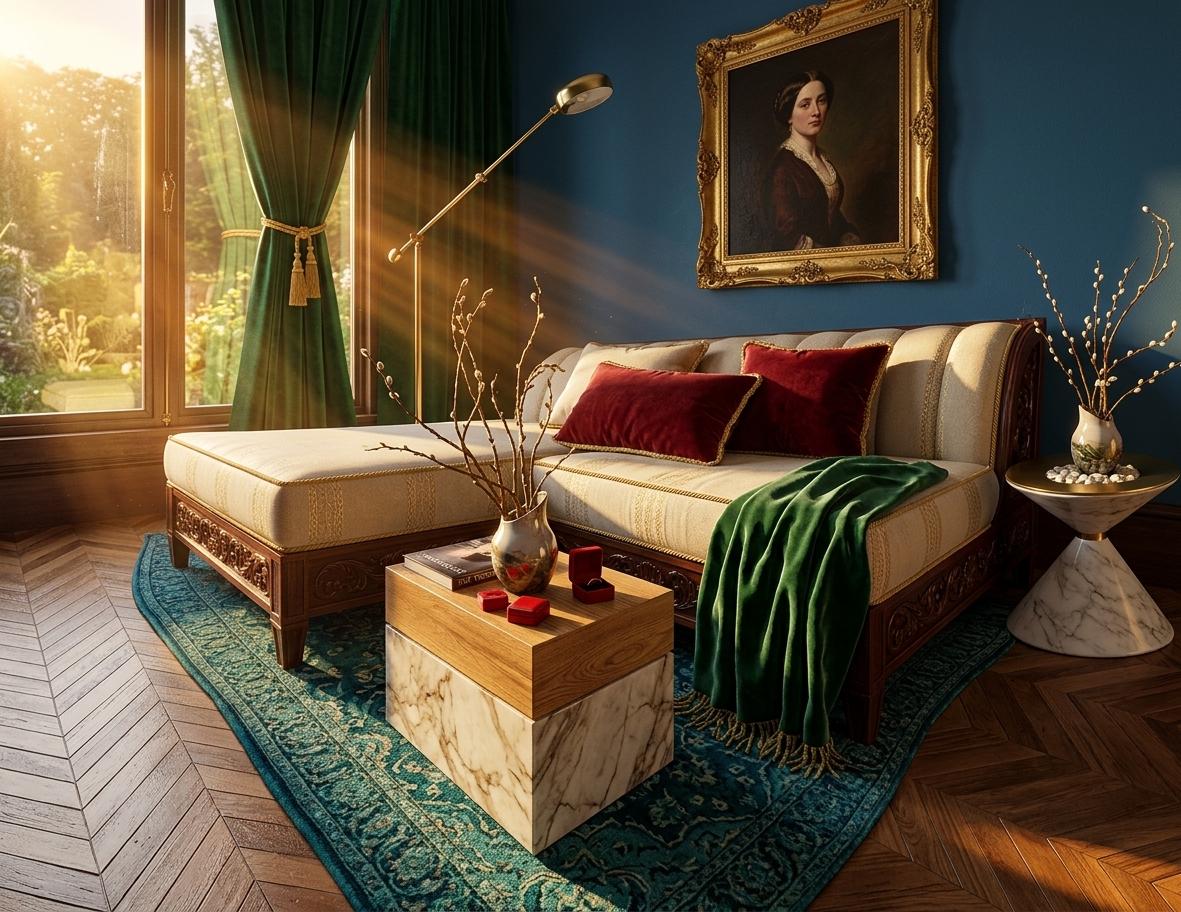 An incredibly lifelike, richly detailed, photorealistic interior photo of a grand Victorian living room set in a summer evening. The scene is illuminated by the long, golden rays of a summer sunset streaming through large windows, creating an opulent and sophisticated atmosphere. Captured with a professional full-frame camera and a 35mm lens, emphasizing the fine textures of carved wood and plush textiles. In the center, a lavish L-shaped chaise longue crafted from dark, intricately carved mahogany is upholstered in a rich neutral fabric with gold-threaded accents and deep red velvet throw pillows. Resting on a thick, plush teal Persian rug, a heavy, square coffee table features a light oak top and a hand-polished marble base, meticulously curated with a glossy photography book and small, scarlet heirloom jewelry boxes. Along the deep cerulean accent wall, a grand, classic oil portrait is encased in an ornate gilded frame, drawing the eye upward toward a sleek, brass floor lamp with a refined swivel neck. To the side, heavy emerald green velvet curtains are cinched with golden silk cords, while an elegant white marble side table holds a tall, glass vase with delicate, arching willow branches that catch the light. The overall composition is balanced and timeless, with the warm sunset light casting long, dramatic shadows and lending a deep, amber glow to the sophisticated, antique-filled space.