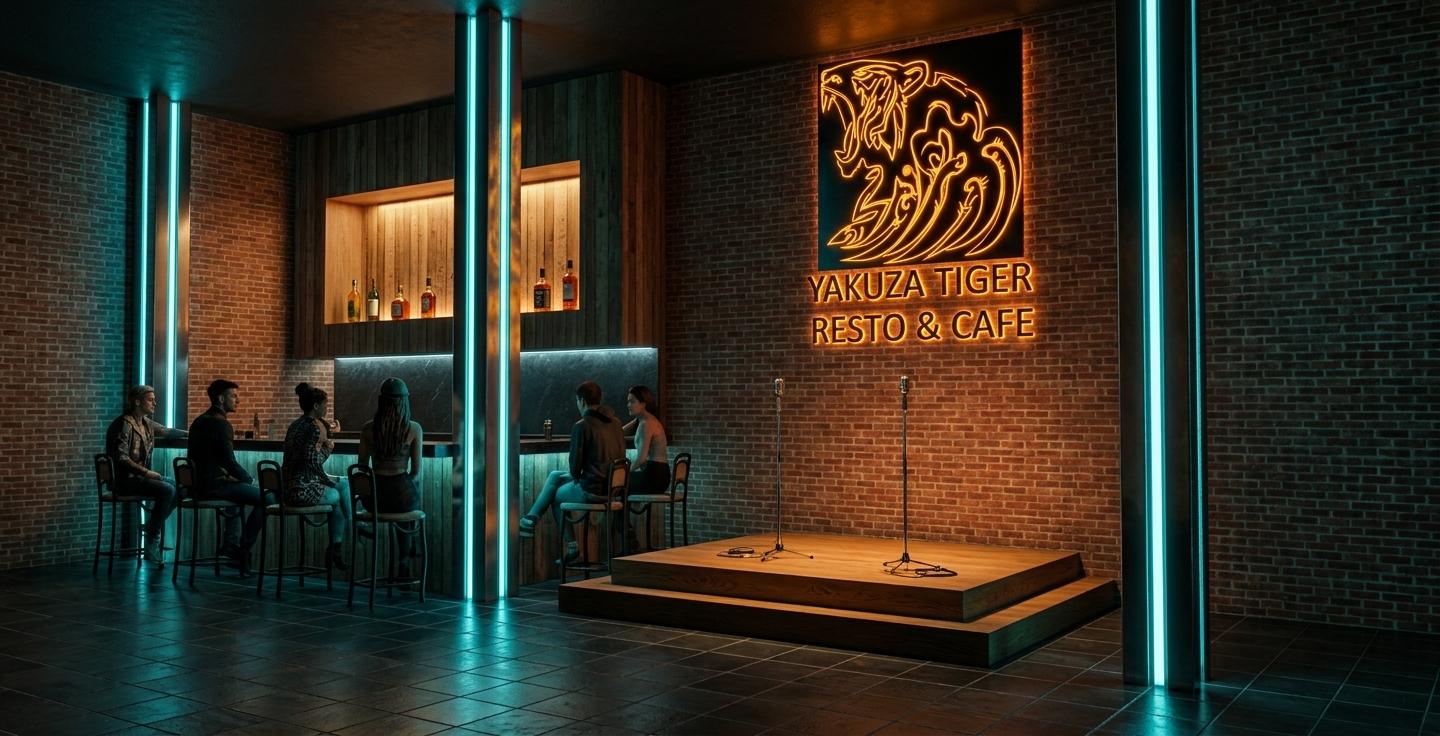 An incredibly lifelike, richly detailed, photorealistic wide-angle interior shot of the Yakuza Tiger Resto & Cafe lounge set in a high-concept urban nightlife district. The scene is illuminated by a moody combination of recessed cyan neon along the polished chrome pillars and warm, focused amber spotlights directed at the two-tiered wooden performance stage, creating a dark, electric, and sophisticated atmosphere. Captured with a 24mm f/2.8 lens, the image emphasizes the tactile textures of the weathered red brick walls and the subtle sheen of the dark slate floor tiles that catch the vibrant reflections of the neon accents. On the left, a sleek minibar featuring vertical reclaimed wood paneling and a dark stone countertop serves as a social focal point, where several patrons in trendy, eclectic attire are seen perched on elegant wrought-iron stools, engaged in quiet conversation. To the right, the warm grain of the oak-finished music stage stands ready for a performance, while the glowing, backlit Yakuza Tiger logo pulses with intense orange and yellow light against the industrial brickwork, perfectly encapsulating the cyber-eclectic fusion style through its blend of traditional motifs and futuristic lighting. The overall composition uses the rhythmic verticality of the metallic support beams to draw the eye through the deep, atmospheric space, highlighting a seamless blend of raw industrial materials and high-tech lounge aesthetics.
