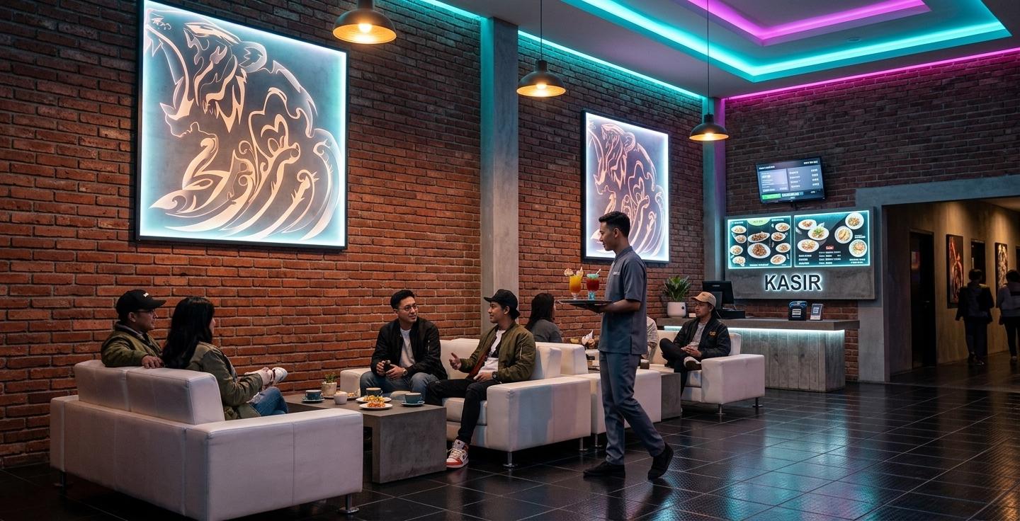 An incredibly lifelike, richly detailed, photorealistic interior photo of a vibrant resto-café living room set in a high-concept urban environment. The scene is illuminated by a dynamic mix of warm industrial pendants and neon-hued accents of cyan and magenta glowing from recessed channels, creating a high-energy "cyber eclectic fusion" atmosphere. Captured with a wide-angle 35mm lens, the image emphasizes the tactile grit of the weathered red brick walls juxtaposed against the sleek, plush white leather of the low-profile sofas. Stylish patrons in contemporary streetwear are seen relaxing on the couches, engrossed in conversation, while a diligent waiter in a minimalist slate-gray uniform navigates the dark, polished basalt-tile floor with a tray of colorful cocktails. The stylized tiger artwork on the walls is reimagined as glowing, backlit digital canvases that pulse with soft light, while the "Kasir" counter features a raw, poured-concrete finish with integrated LED strips, standing beneath a hyper-clear digital menu board that casts a soft, technical glow over the service area. Reflection and depth are masterfully captured, with the glossy floor mirroring the neon highlights and the architectural depth extending into a dimly lit hallway, providing a true sense of a bustling, high-end social hub.of