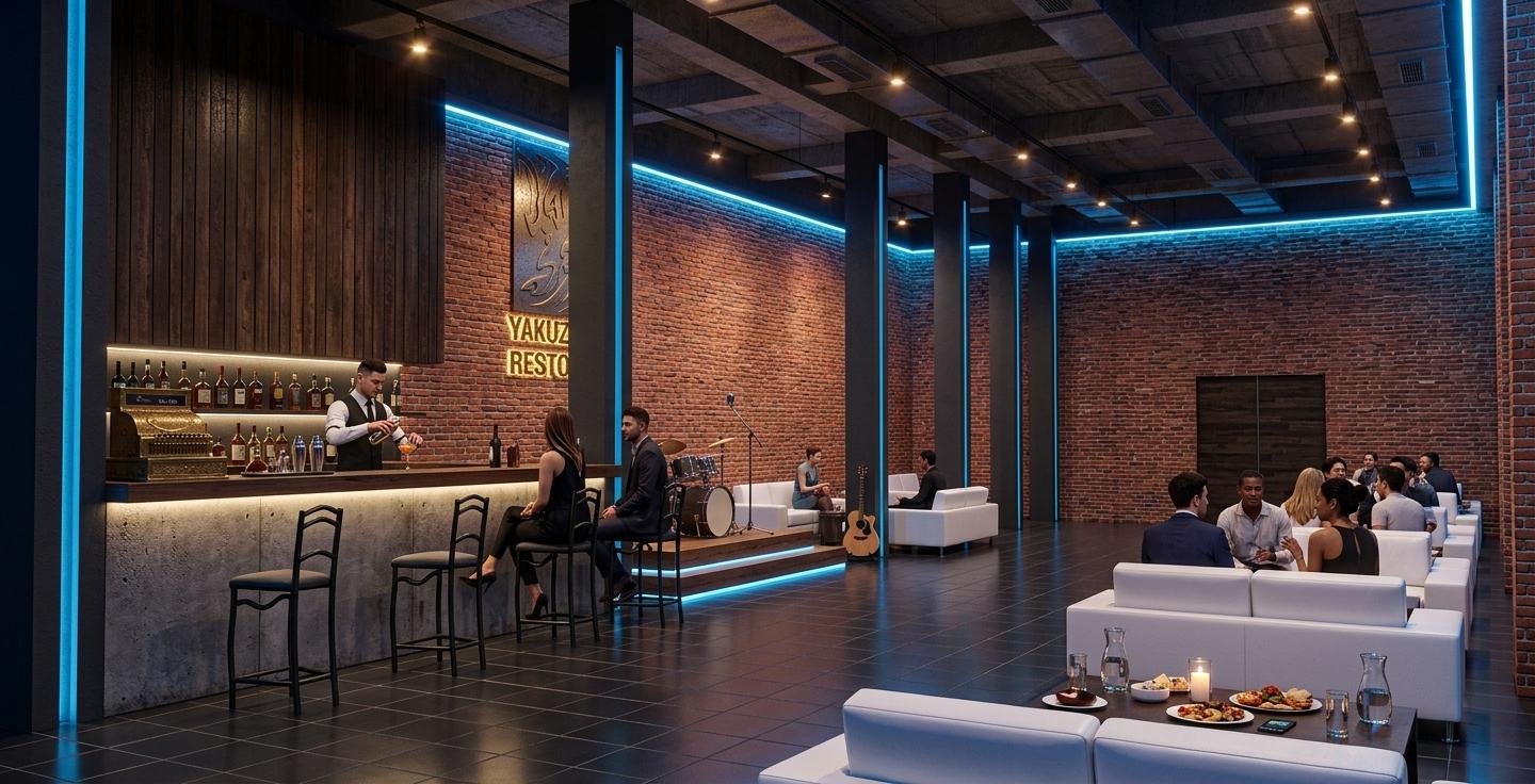 An incredibly lifelike, richly detailed, photorealistic wide-angle interior shot of a vibrant, upscale restaurant and lounge set in a high-density urban district. The scene is illuminated by a dramatic interplay of warm overhead spot lighting and cool, electric blue neon strips that accentuate the architectural lines, creating a moody, high-energy "cyber eclectic" atmosphere. Captured with a professional 35mm lens, emphasizing the rich contrast between the tactile, rustic red-brick walls and the sleek, polished charcoal floor tiles that catch the ambient glow. To the left, a sophisticated minibar featuring a weathered concrete facade and a dark wood countertop serves as a hub of activity, where patrons in stylish attire sit on slender black metal stools while a waiter in a sharp modern uniform expertly crafts a cocktail. Adjacent to the bar, a low-profile timber music stage sits ready for a live performance, framed by towering charcoal-grey structural columns that add a sense of grand scale to the room. On the right, rows of plush, brilliant white leather sofas are filled with guests engaged in animated conversation, their forms casting soft shadows across the floor, while the large "Yakuza Resto" logo on the brick wall stands out as a glowing gold emblem of the establishment's bold identity.