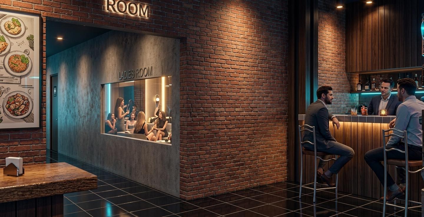An incredibly lifelike, richly detailed, photorealistic wide-angle interior shot of a sophisticated cafe and resto mini bar set in a vibrant urban metropolis. The scene is illuminated by a dramatic interplay of warm, recessed spotlights and cool, neon-blue ambient glows reflecting off the glass surfaces, creating a moody and energetic cyber eclectic fusion atmosphere. Captured with a professional 24mm wide-angle lens, the image emphasizes the tactile textures of the rugged, weathered red brick walls and the smooth, industrial finish of the raw concrete partitions. In the center of the frame, a group of stylishly dressed women are visible through a large glass window inside a brightly lit lounge area, their silhouettes softened by the internal glow, while a group of men gather in the foreground at the textured wooden bar, relaxed on sleek, brushed-metal stools as they converse. The composition masterfully balances the heavy architectural lines of the bar area with the depth of the hallway leading to the "Ladies Room," all orated by sharp reflections on the dark, polished floor tiles that pull the viewer into this futuristic, high-contrast social space.