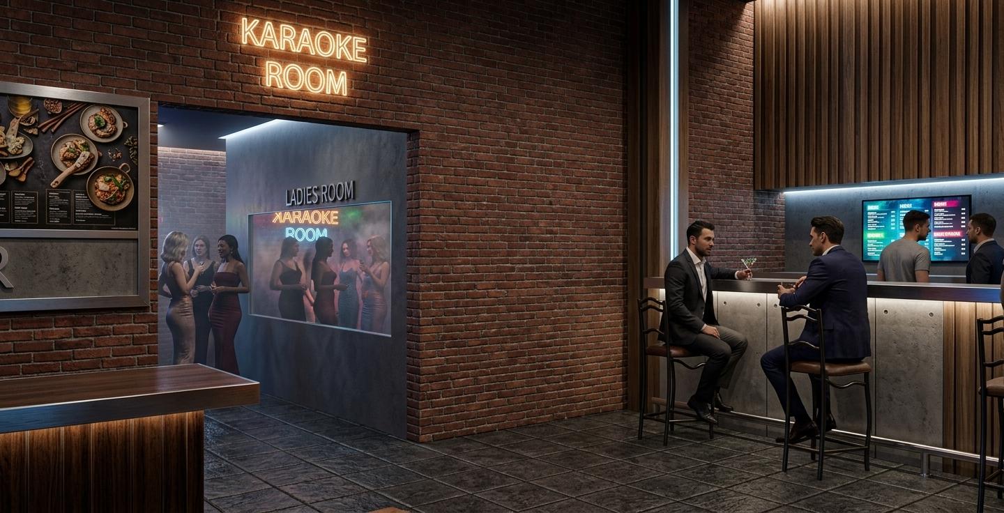An incredibly lifelike, richly detailed, photorealistic wide-angle interior shot of a sophisticated urban lounge set in a vibrant cyber-eclectic fusion hub. The scene is illuminated by a dynamic mix of warm, glowing neon signage and cool, recessed LED strips that cast dramatic shadows across the weathered red brick walls, creating a high-energy, moody atmosphere. Captured with a 35mm f/1.4 lens, emphasizing the tactile contrast between the rough masonry, polished concrete panels, and the sleek, ribbed wood texture of the bar front, the composition centers on a group of sharply dressed men socializing around the industrial-style bar and digital menu displays. Through a large, strategically placed glass viewing window labeled "LADIES ROOM," a group of glamorous women in elegant, form-fitting evening wear are visible, their silhouettes softened by a subtle internal haze and accented by the shimmering reflections of the neon "KARAOKE ROOM" sign above. The dark, gridded tile flooring anchors the space, while the interplay of digital screens and raw architectural materials perfectly captures a futuristic yet gritty aesthetic, where every reflection on the glass and metallic sheen on the bar stools feels tangibly real.