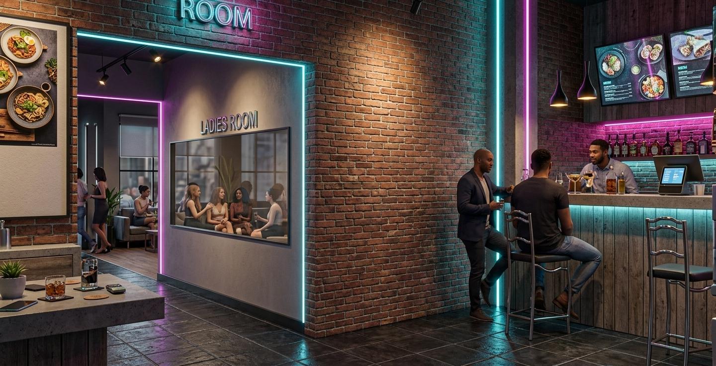 An incredibly lifelike, richly detailed, photorealistic wide-angle interior shot of a bustling Cyber Eclectic Fusion cafe and lounge set in a vibrant urban district. The scene is illuminated by a mix of recessed warm tungsten spotlights and striking neon cyan and magenta accents that trace the architectural lines, creating a moody, high-energy atmosphere. Captured with a 24mm f/2.8 lens, the composition emphasizes the gritty, tactile texture of the weathered red brick walls and the cool, polished finish of the gray concrete surfaces. To the left, a group of women is seen through a large glass-enclosed "Ladies Room" lounge, their figures softened by subtle reflections as they socialize in a stylishly furnished space, while to the right, a group of men sits at a textured concrete minibar, engaged in conversation over drinks on sleek, chrome-framed high chairs with matte black leather seats. The dark, oversized floor tiles ground the space, reflecting the ambient glow of high-tech digital menu screens and eclectic artwork, while sharp shadows and crisp highlights bring out the depth and intricate spatial relationship between the industrial materials and the vibrant, futuristic social energy.