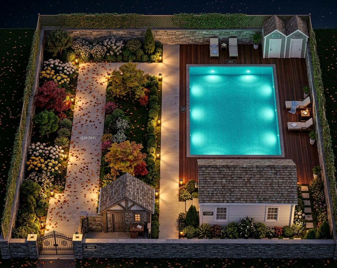 An incredibly lifelike, richly detailed, photorealistic 3D top-down aerial shot of an expansive outdoor pool estate set in a crisp autumnal night environment. The scene is illuminated by warm, amber lantern glows and ethereal turquoise underwater pool lights, creating a luxurious and serene atmosphere. Captured with a wide-angle architectural lens, emphasizing the intricate textures of the dark mahogany pool deck and the shimmering mosaic tiling of the 32'x52' pool. Surrounding the 90'x69' perimeter is a stately 6-foot tall stone boundary wall topped with an additional 2-foot lattice net draped in dense, green creeper plants. At the bottom left, an ornate wrought-iron entry gate leads past a small, colonial-style guard post to a beautiful cottage featuring white clapboard siding and a shingled roof. A wide stone pathway, dappled with fallen amber and crimson leaves, flows seamlessly from the entry through well-manicured garden beds filled with late-blooming chrysanthemums and miniature maples, leading toward a plush lounge seating area. In the top right corner, two symmetrical changing rooms with classic white-trimmed doors sit adjacent to the expansive deck. The entire layout is on a single level, with the central dividing line realized as a smooth, illuminated stone walkway that connects the lush garden side to the pristine pool area, providing a sense of open-concept architectural elegance.