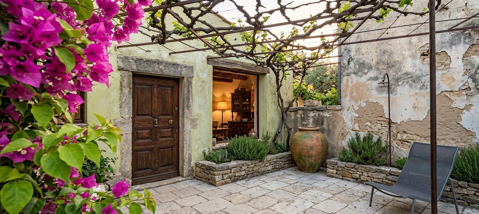 An incredibly lifelike, richly detailed, photorealistic wide-angle architectural shot of a rustic, vintage-inspired garden patio set in a serene Mediterranean countryside. The scene is illuminated by the soft, warm glow of the late afternoon sun filtering through a canopy of vines, creating a peaceful, nostalgic, and "Pinterest-worthy" atmosphere. Captured with a high-resolution full-frame camera and a 24mm wide-angle lens, emphasizing the tactile textures of aged stone, peeling plaster, and organic greenery.

The architectural style is rooted in traditional European rural design, featuring thick, lime-washed masonry walls that have developed a beautiful, weathered patina over decades. The main structure showcases a heavy, dark-stained walnut door with intricate panelling and aged brass hardware, set slightly back into a stone-trimmed entryway. Adjacent to the door, two windows are framed by rough-hewn, oversized stone lintels and sills. These windows are protected by ornate, hand-forged wrought iron grilles with scrolling details, adding a layer of vintage security and visual interest.

The garden patio is paved with irregular, light-toned limestone flags, their surfaces worn smooth and matte by time. A minimalist metal trellis system of slender black poles spans the courtyard, supporting a network of ancient, gnarly grapevines that are beginning to sprout fresh spring growth. In the immediate foreground, a vibrant cluster of fuchsia bougainvillea blossoms and bright green leaves frames the corner of the image, introducing a touch of saturated color that contrasts with the neutral tones of the architecture.

The landscaping is thoughtfully curated to feel ancient yet cared for. Low, dry-stone planter beds border the base of the white walls, filled with a mix of wild Mediterranean shrubs, trailing rosemary, and small bursts of red flowers. A large, bulbous terracotta amphora with a greenish aged patina sits near the steps, serving as a focal point that reinforces the "vintage garden" aesthetic.

To the left, a pair of sleek, mid-century modern outdoor lounge chairs with charcoal-colored mesh upholstery provides a contemporary yet timeless seating area, suggesting a blend of vintage charm and functional comfort. The wall to the right is a masterclass in texture, where layers of aged white plaster are peeling away to reveal the rugged grey masonry beneath, topped with a row of traditional terracotta roof tiles.

The composition utilizes the lines of the overhead trellis to lead the viewer's eye across the patio toward the textured walls. Through the glass of the windows, a soft amber light suggests a vintage-styled interior with rustic wooden beams and antique furnishings, bridging the gap between the outdoor garden and the home's inner sanctuary. The overall effect is a highly aesthetic, realistic portrayal of a space where architectural history and natural beauty coexist in perfect, quiet harmony.