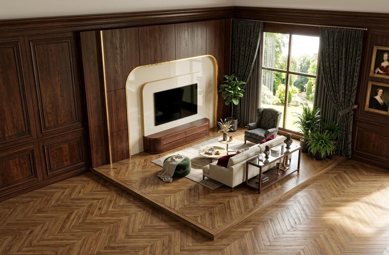 An incredibly lifelike, richly detailed, photorealistic wide-angle interior shot of a living room set in a grand summer estate. The scene is illuminated by the bright, direct glow of midday summer light streaming through floor-to-ceiling windows, creating a sophisticated and lavish atmosphere. Captured with a high-end 35mm lens, the image emphasizes the intricate textures of carved wood and plush upholstery, blending Victorian elegance with modern architectural geometry. The focal point is a multi-layered, curved wall niche finished in cream lacquer with delicate gold leaf gilding, which houses a large screen and sits against a backdrop of ornate wood paneling in deep mahogany tones. A tufted silk sofa in a rich neutral cream is accented by deep red velvet pillows, facing a set of marble-topped nesting tables that display a stack of photography books and refined heirloom decor. To the side, an antique wingbacked chair upholstered in intricate charcoal damask rests near heavy, full-length velvet curtains, while a dark-stained wooden console table behind the sofa showcases curated antiques and classic portrait wall art in gilded frames. Lush indoor plants provide a pop of organic green against a palette of gold, burgundy, and warm neutrals, all reflecting softly off a polished herringbone floor.