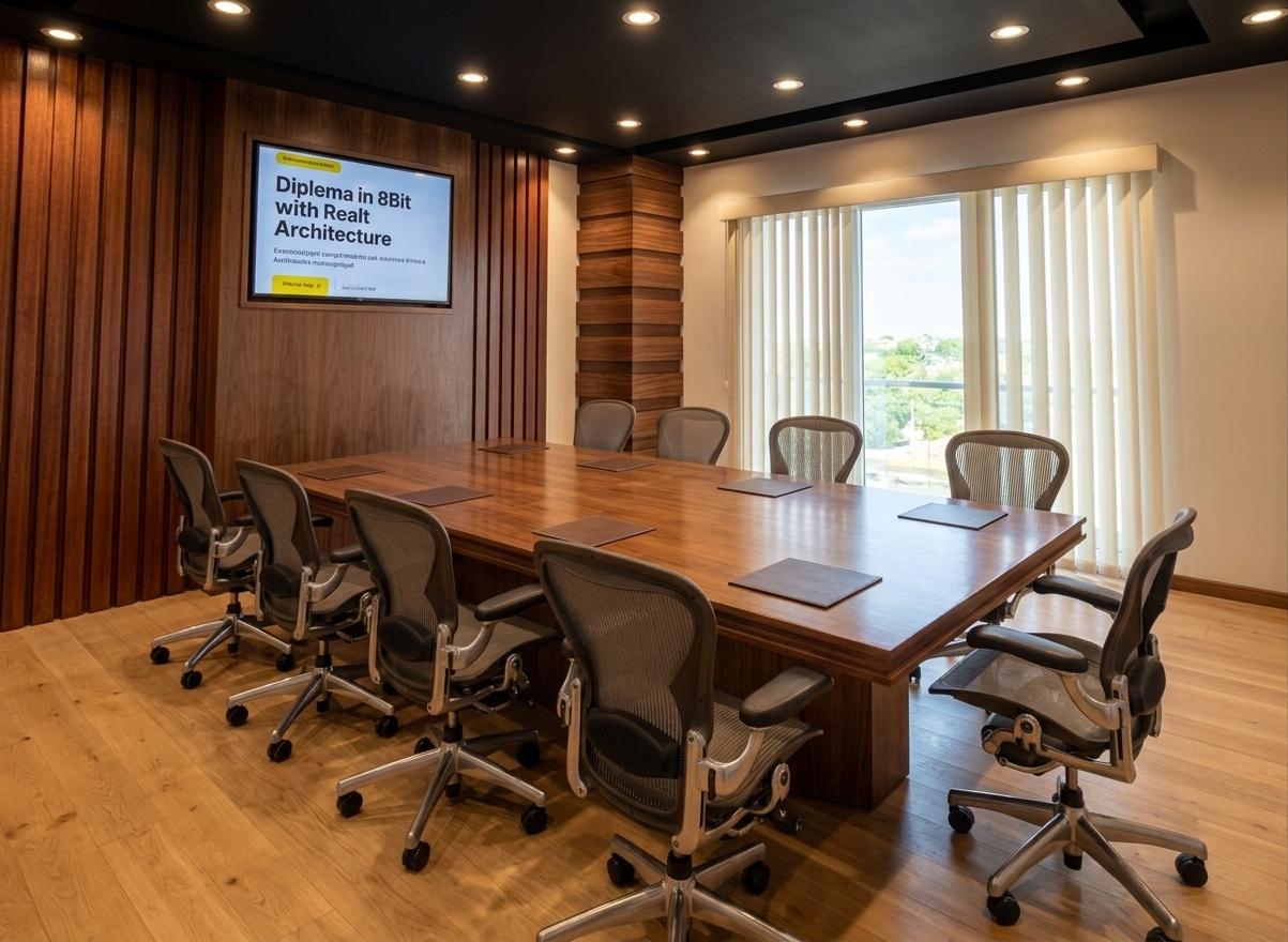 An incredibly lifelike, richly detailed, photorealistic wide-angle shot of a sophisticated meeting room set in an upscale executive suite. The scene is illuminated by warm, recessed spotlights that cast soft, directional glows across the dark paneled walls, creating a focused and prestigious atmosphere. Captured with a 24mm wide-angle lens, emphasizing the tactile textures of the vertical mahogany-stained slats and the smooth, polished surface of the massive walnut conference table. The room features a prominent feature wall with a large digital display showcasing architectural information, framed by elegant vertical wood panels. On the floor, light-toned oak planks provide a bright contrast to the deep wood tones of the furniture and wall treatments. Ergonomic, high-back mesh chairs with brushed metal frames are precisely positioned around the table, their intricate textures and mechanical details rendered with sharp clarity. To the side, a decorative corner pillar with horizontal wood banding stands beside large windows covered with cream-colored vertical blinds, hinting at a bright outdoor environment. The black ceiling provides a stark, modern contrast to the colonial classic-inspired warmth of the wood elements, resulting in a space that feels both timeless and technologically advanced.