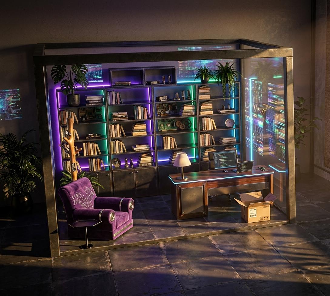 An incredibly lifelike, richly detailed, photorealistic wide-angle interior shot of a tech-infused workshop set deep within an urban loft during a late autumn sunset. The scene is illuminated by a dramatic interplay of golden-hour light streaming across the floor and the vibrant, kaleidoscopic glow of neon blues, purples, and greens emanating from integrated LED strips and shimmering holographic wall art, creating a moody, high-tech atmosphere. Captured with a 35mm f/1.8 lens, the image emphasizes the diverse, layered textures of dark, industrial-metal shelving units filled with an eclectic collection of thick photography books and weathered tech components. In the corner, a plush, deep-purple armchair with cyber-inspired detailing sits adjacent to a sleek, metallic side table, while the main workstation is a masterpiece of cyber eclectic design, featuring LED-accented edges and polished mixed-media surfaces that reflect the neon-drenched surroundings. The "grunge" industrial aesthetic is balanced by the organic presence of lush, dark-green indoor plants that cast long, complex shadows against the walls, while a discarded cardboard tech-delivery box near the desk adds a sense of lived-in, urban realism to this vibrant, futuristic sanctuary.