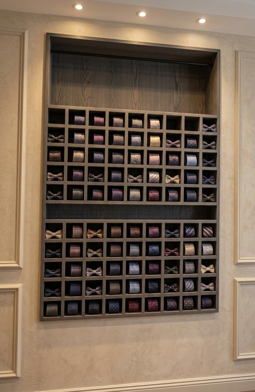 An incredibly lifelike, richly detailed, photorealistic medium wide-angle shot of a bespoke gray oak neckwear display unit set in a refined colonial classic clothing store. The scene is illuminated by warm, directional recessed spotlights, creating a sophisticated and inviting atmosphere. Captured with a 35mm prime lens at f/2.8, emphasizing the exquisite natural grain of the charcoal-washed wood and the delicate sheen of the silk accessories. The grand gray oak cabinet features a minimalist top section with a slim matte black rod, while beneath, a pair of broad, uniform grids are meticulously organized with a vibrant array of rolled silk ties and artisanal bowties, their varied patterns and textures catching the soft light. The surrounding walls exhibit a subtle, textured parchment finish, complemented by colonial-style architectural moldings that frame the piece with timeless elegance. The play of light and shadow within the deep pigeonholes adds a palpable sense of three-dimensional depth, highlighting the precision of the craftsmanship and the luxurious, tactile quality of the curated gentleman’s accessories.