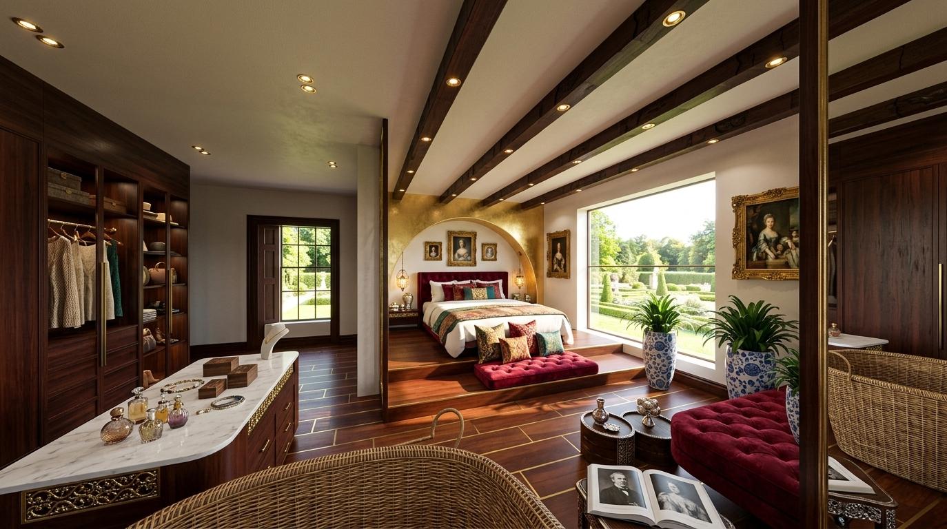 An incredibly lifelike, richly detailed, photorealistic wide-angle interior shot of a grand master bedroom suite set in a high-end Victorian estate. The scene is illuminated by the brilliant glow of a midday summer sun streaming through a massive picture window, creating a warm and opulent atmosphere. Captured with a professional 24mm lens, emphasizing the intricate textures of the dark, hand-carved mahogany ceiling beams and the plush, deep crimson velvet upholstery of the tufted bedframe. The bed is nestled within a majestic arched alcove lined with shimmering gold-leaf moldings, flanked by curated surfaces holding heirloom silver decor and classic portrait wall art in heavy ornate frames. In the foreground, a sophisticated dressing area features a white marble-topped island with brass filigree details, adjacent to floor-to-ceiling wardrobes of refined woodwork showcasing curated fashion. Lush emerald-green indoor plants in tall, hand-painted blue and white ceramic vases provide a fresh contrast to the rich palette of golds and deep reds, while the polished wide-plank wood flooring and a photography book left open on a side table complete this timeless vision of architectural elegance.