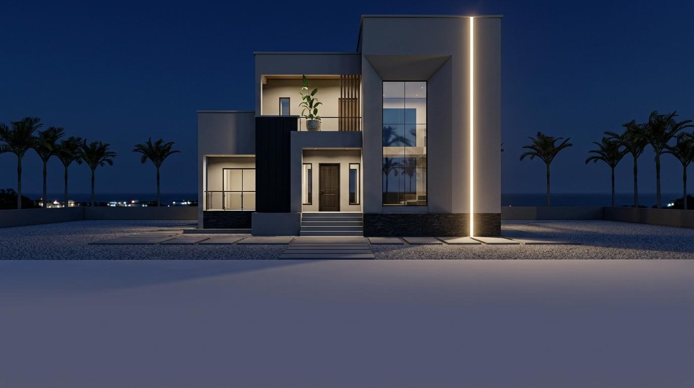An incredibly lifelike, richly detailed, photorealistic front-on architectural shot of a sleek, two-story minimalist haven set in a manicured tropical estate during a balmy summer night. The scene is illuminated by a combination of cool moonlight and diffused warm interior lighting that spills through expansive glass surfaces, creating a serene and sophisticated atmosphere. Captured with a professional 35mm lens, emphasizing the sharp-edged geometry of the smooth gray plaster walls and the contrasting deep black vertical accents that ground the facade. The composition highlights the central wooden door and the recessed attic loft, where fine wooden louvers and a singular potted plant provide a touch of organic texture against the clean, modern lines. A brilliant vertical strip of recessed LED light runs down the rightmost volume like a sharp architectural spine, casting a soft glow on the dark foundation, while the row of rhythmic palm trees in the background is silhouetted against a deep indigo sky. The floor-to-ceiling glass of the atrium reflects the subtle summer atmosphere, and the crisp, deep shadows on the porch steps lend a profound sense of depth and stillness to this architectural masterpiece.