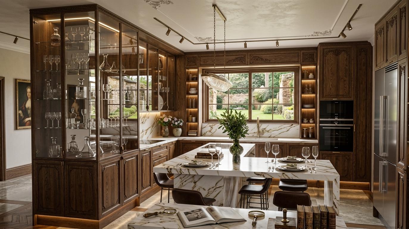 An incredibly lifelike, richly detailed, photorealistic wide-angle interior shot of a kitchen space defined by Victorian elegance set in a grand, sunlit manor. The scene is illuminated by soft, natural light and warm, integrated LED accents within the cabinetry, creating a sophisticated and timeless atmosphere. Captured with a high-end full-frame camera, emphasizing the intricate wood grains of the lavishly carved oak cabinetry and the opulent, gold-veined marble that flows seamlessly from the backsplashes to the massive central island. The space is a masterclass in refined design, featuring plush, dark leather upholstered stools tucked under a waterfall marble counter where an open photography book and heirloom decor are curated with precision. Deep reds and rich neutrals are introduced through subtle accents and the classic portrait wall art visible in the adjacent hallway, adding a layer of antique grandeur to the modern functionality. Intricate glass-fronted displays house a collection of fine crystal, while indoor plants breathe life into the sophisticated setting, juxtaposing organic textures against the polished, opulent surfaces of this grand, architectural gem.