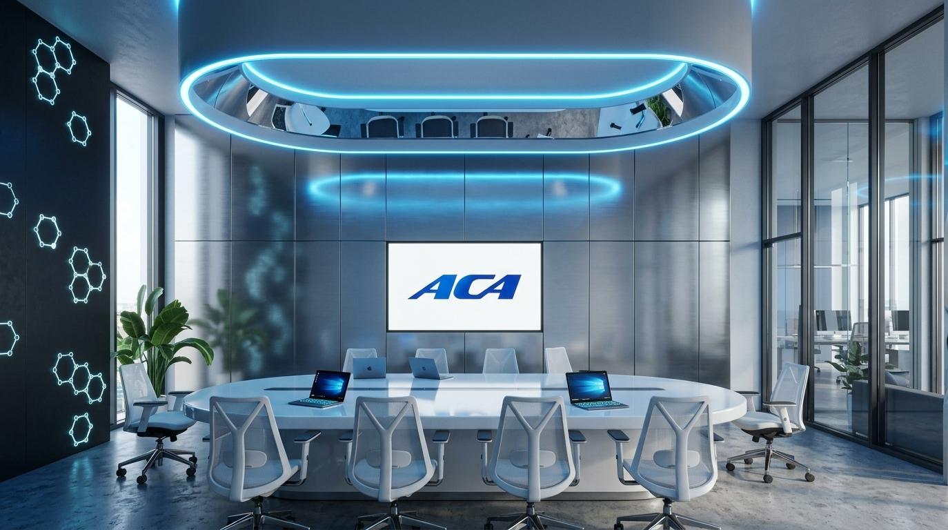 An incredibly lifelike, richly detailed, photorealistic wide-angle interior shot of a high-tech conference room set in a sophisticated urban corporate hub. The scene is illuminated by a striking combination of cool daylight filtering through a floor-to-ceiling side window and an electric blue neon glow emanating from a futuristic, recessed oval ceiling fixture, creating a vibrant, cyber-eclectic atmosphere. Captured with a professional wide-angle lens, the composition emphasizes the interplay between the brushed stainless steel wall panels and the ultra-glossy finish of the massive white meeting table. The room's aesthetic is a bold fusion of industrial grunge and sleek technology, featuring a dark, matte feature wall on the left adorned with glowing, holographic molecular-patterned art that adds a layering of diverse, tech-inspired textures. The furniture is impeccably detailed, consisting of white ergonomic mesh chairs with metal accents that surround the central table, which itself features integrated LED-accented bases. Polished concrete flooring adds a sense of urban grit, grounded by a lush, green indoor plant that provides a soft, organic counterpoint to the sharp, mixed-media surfaces. Reflections shimmer across the mirrored ceiling component and the glass partitions on the right, enhancing the perceived depth and spatial complexity of this meticulously designed, cyberpunk-inspired workspace.