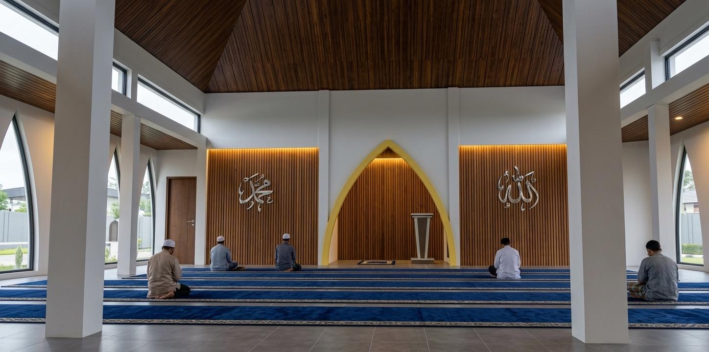 An incredibly lifelike, richly detailed, photorealistic frontal shot of a modern mosque's prayer hall set in a serene, landscaped religious complex. The scene is illuminated by soft, bright overcast daylight filtering through clerestory windows, layered with a warm, natural golden glow from hidden interior accent lights that wash over the wooden textures, creating a tranquil and premium atmosphere. Captured with a 35mm professional lens, the composition is perfectly symmetrical, highlighting the rich grain of the dark tropical wood ceiling and the polished silver sheen of the "Allah" and "Muhammad" calligraphy mounted on teak-slatted feature walls. The expansive gray tiled floor is now partially covered with plush, high-quality prayer mats arranged in straight rows, where several worshippers are captured in quiet moments of devotion, providing a realistic sense of scale and purpose. The central mihrab, framed by a sharp, minimalist yellow arch, stands out prominently against the deep wood finishes of the interior, while the glass in the lancet-style windows exhibits subtle, realistic reflections of the overcast sky and the smooth perimeter fence outside. The exposure is expertly balanced, ensuring that the bright gray sky remains detailed while the deep textures of the timber and the smooth white finish of the massive support columns are crisp, clean, and tangible in this high-end architectural photograph.