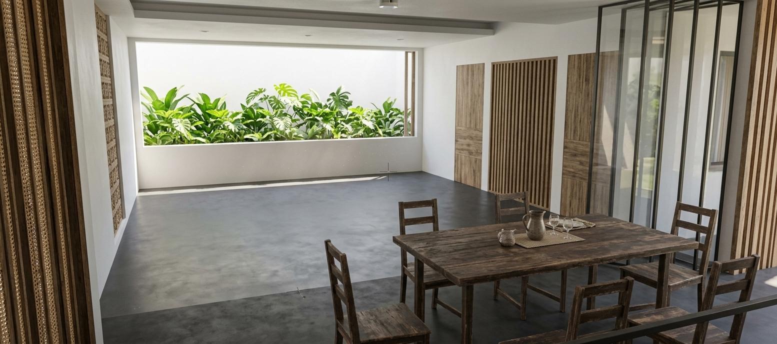An incredibly lifelike, richly detailed, photorealistic wide-angle interior photo of a sun-drenched dining and living area set in a light-filled summer retreat. The scene is illuminated by the bright, overhead midday sun streaming through a massive picture window, creating a breezy and uplifting atmosphere. Captured with a professional 35mm lens, the image emphasizes the tactile, distressed textures of a shabby chic aesthetic, featuring a dark, weathered timber dining set with visible grain and a soft patina that feels both rustic and elegant. The matte, charcoal-toned flooring provides a sophisticated anchor to the airy space, while the surrounding walls are treated with a mix of clean white finishes and vertical wooden slats that add warmth and rhythmic depth. In the background, an expansive rectangular window frames a dense row of vibrant green leafy plants, their waxy foliage catching the high-summer light and bringing a touch of nature indoors. The composition utilizes a deep perspective, showcasing the seamless transition from the foreground dining area to a spacious, open living floor, accented by a series of floor-to-ceiling glass folding doors that reflect the soft interior light and hint at a continuous connection to a private outdoor garden.