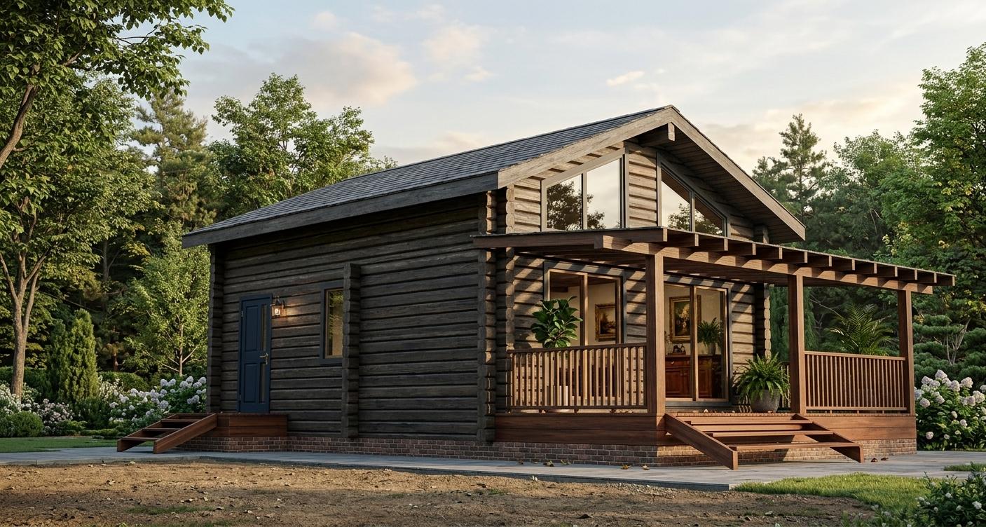 An incredibly lifelike, richly detailed, photorealistic low-angle architectural shot of a stately Colonial classic house set in a refined woodland estate. The scene is illuminated by the soft, directional glow of late afternoon sunlight, creating a warm, dignified atmosphere. Captured with a high-resolution wide-angle lens, emphasizing the deep textures of the horizontal dark wood siding and the sharp lines of the gabled roofline. The exterior, finished in a timeless palette of deep navy blues and charcoal with warm neutral trims, features a prominent wraparound porch shaded by a refined timber pergola. Through the expansive glass panels, one can see a sophisticated interior furnished with mahogany and cherry wood pieces, accented by historical wall art and flourishing indoor plants that provide a lush contrast to the structured symmetry of the home. The building is anchored by a solid, hand-laid brick foundation, while the crisp shadows cast across the deck and the intricate joinery of the porch railings add a layer of depth and realism. The composition feels like a centerpiece from a high-end photography book, blending formal elegance with the natural, comfortable textures of a time-honored family manor.