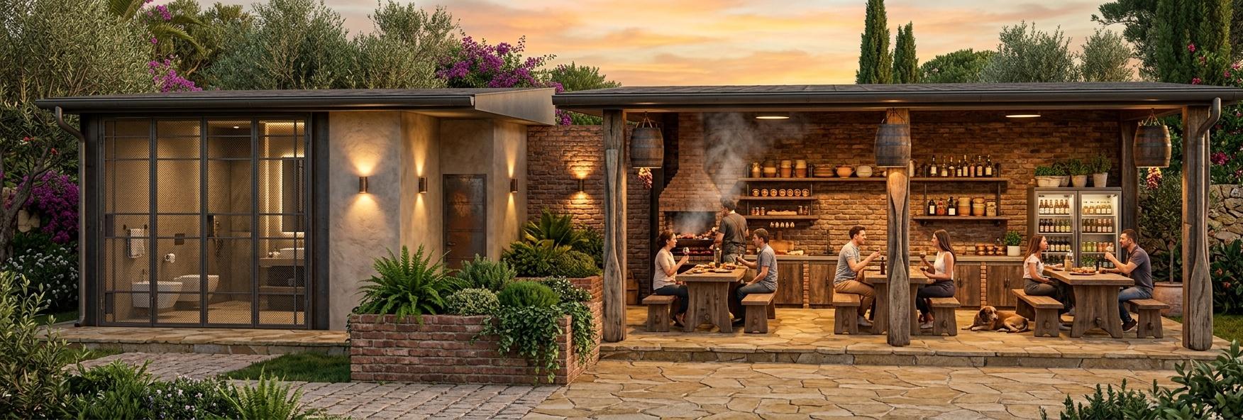 An incredibly lifelike, richly detailed, photorealistic wide-angle architectural shot of a colonial-classic outdoor barbacoa pavilion set in a lush Mediterranean backyard garden at the rear of a residence. The scene is illuminated by the honey-colored glow of a summer sunset and the cozy radiance of warm-toned wall sconces and rustic barrel-shaped hanging lamps, creating an inviting and festive atmosphere. Captured with a high-end full-frame camera and a 24mm wide-angle lens, emphasizing the tactile textures of the rustic stone flooring, the rough-hewn look of the visible brickwork, and the unique artisan pillars sculpted to resemble wooden rowing oars. To the right, a massive, professional-grade brick barbecue station spans the entire back wall, where people are actively tending to a steaming, aromatic "asado" while others sit at heavy timber communal tables laughing and enjoying chilled drinks. The center of the composition features a weathered brick planter overflowing with verdant ferns and manicured low-lying greenery, providing a natural transition to the left wing where bathrooms and storage areas are tucked behind elegant industrial-style metal mesh doors. A discreet dark metal drainage gutter runs perfectly along the edge of the roofline, expertly integrating utility into the sophisticated, high-end rustic design.