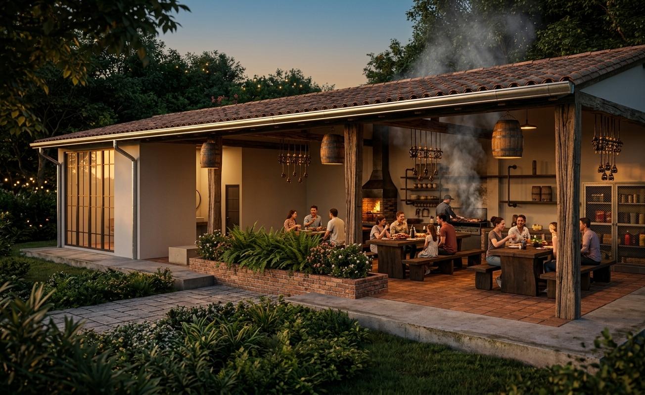 An incredibly lifelike, richly detailed, photorealistic wide shot of a colonial classic barbacoa pavilion set in a lush outdoor garden during a summer sunset. The scene is illuminated by the honey-toned warmth of the golden hour and the amber glow of rustic hanging barrel-shaped lamps and wrought-iron wall sconces, creating a festive and inviting atmosphere. Captured with a sharp 35mm lens, the image emphasizes the tactile textures of the weathered wood oar-shaped front pillars and the grainy, slip-resistant finish of the rustic clay floor tiles. In the foreground, families gather around heavy timber picnic tables, sharing a traditional asado and cold drinks, while clouds of fragrant smoke rise from the massive brick hearth that spans the entire back wall of the right wing. A central exposed-brick planter filled with lush, low-lying ferns and flowering shrubs serves as a natural divider, bisected by a paved stone path that leads toward the discretely placed laundry and bathroom areas. To the front right, a storage bodega with industrial metal mesh doors adds a touch of functional utility, while the elegant terracotta roofline, complete with polished metal gutters, frames the vibrant social scene against the darkening peripheral garden.