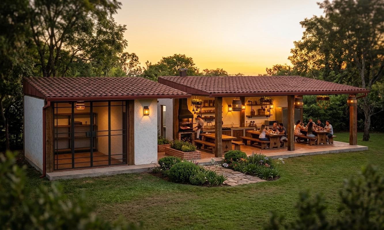 An incredibly lifelike, richly detailed, photorealistic wide-angle architectural shot of a colonial-style outdoor barbecue pavilion and social retreat set in a lush, private summer garden. The scene is illuminated by the golden, honey-hued glow of a descending summer sunset, creating a warm and vibrant atmosphere that is further enhanced by the intimate amber radiance of rustic hanging lamps, fashioned from aged wooden barrels, and atmospheric wall sconces. Captured with a 35mm f/1.4 lens, the image emphasizes the tactile textures of hand-carved timber "oar-style" pillars and the weathered charm of exposed red-brick masonry. In the center, a low brick planter filled with verdant shrubbery and delicate garden flora is bisected by a natural stone path that leads toward a discreetly located bathroom and laundry area in the rear. To the right, the open-air pavilion features a sprawling professional-grade barbecue station running the length of the back wall, where lively figures are captured in the act of grilling; nearby, friends sit around heavy, solid-wood communal tables on a rustic earthen-tiled floor, sharing an "asado" and drinks. To the left, a dedicated storage structure stands with front-facing doors of dark metal mesh, reflecting the soft evening light. The structures are topped by deep red terracotta-style roofing with integrated peripheral gutters, all-weathering beautifully against the backdrop of a manicured lawn and the softened silhouettes of surrounding trees, resulting in a composition that perfectly balances colonial elegance with functional outdoor luxury.