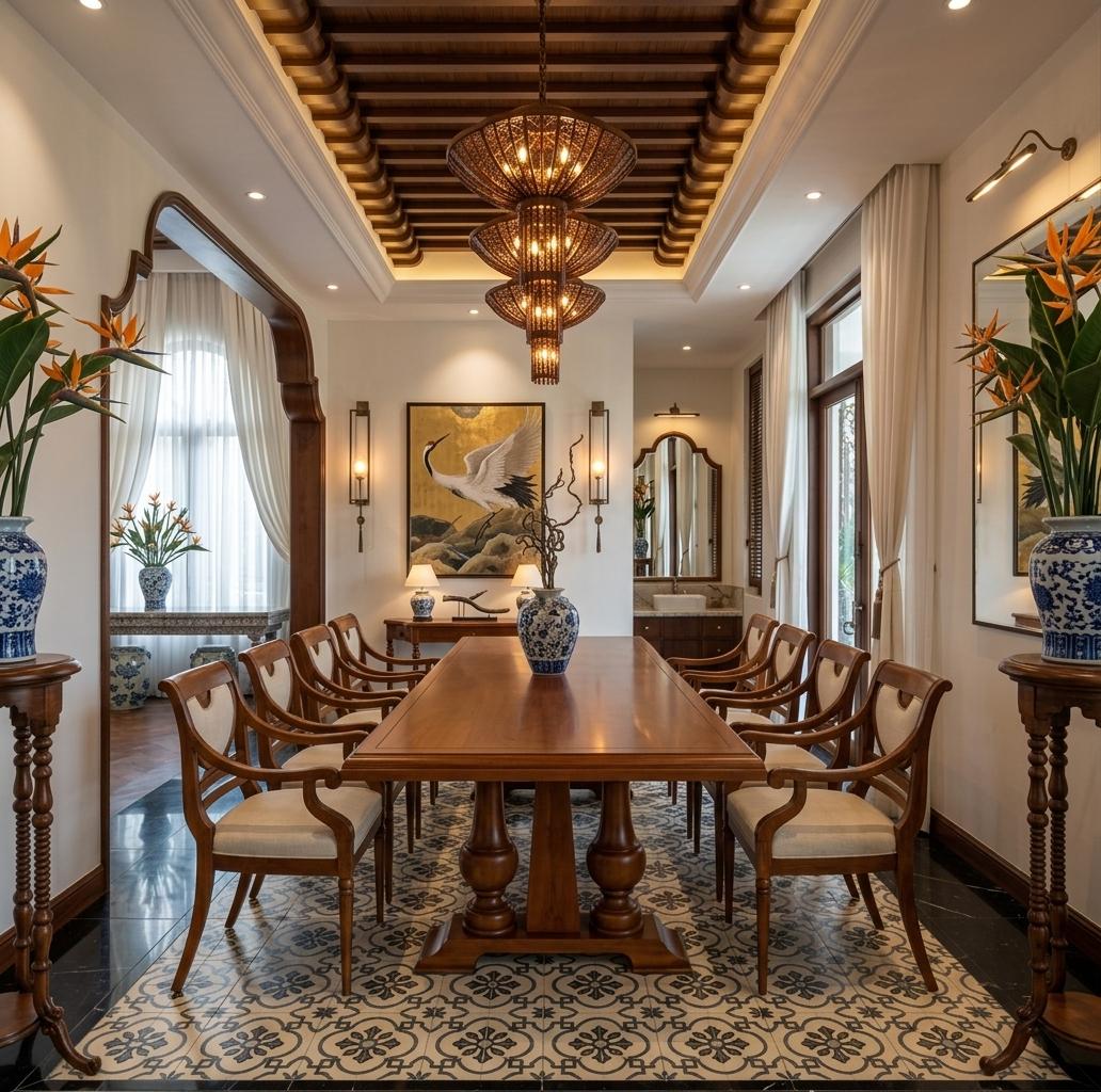 An incredibly lifelike, richly detailed, photorealistic wide-angle interior photo of a colonial classic dining room set in a stately historical residence. The scene is illuminated by soft, diffused daylight and the warm, golden glow of a tiered mahogany chandelier, creating a refined and formal atmosphere. Captured with a professional 35mm lens, emphasizing the polished grain of the cherry wood furniture and the intricate details of the encaustic floor tiles, the composition is masterfully symmetrical. A long, solid mahogany table anchored by sturdy pedestals sits at the center, surrounded by elegant, time-honored chairs with cream-colored upholstery. The walls are adorned with historical wall art featuring a majestic crane against a gold leaf backdrop, flanked by slender bronze sconces that cast a soft light across the warm neutral walls. Vibrant indoor plants, specifically Birds of Paradise in ornate blue and white porcelain vases, stand atop tall, intricately carved pedestals, adding organic life and deep blue accents to the balanced surfaces. The space is crowned by a high, slatted dark wood ceiling and framed by flowing white silk drapery, while a distinct black marble border grounds the room's stately presence, reflecting a deep respect for historical architecture and colonial-era decor.