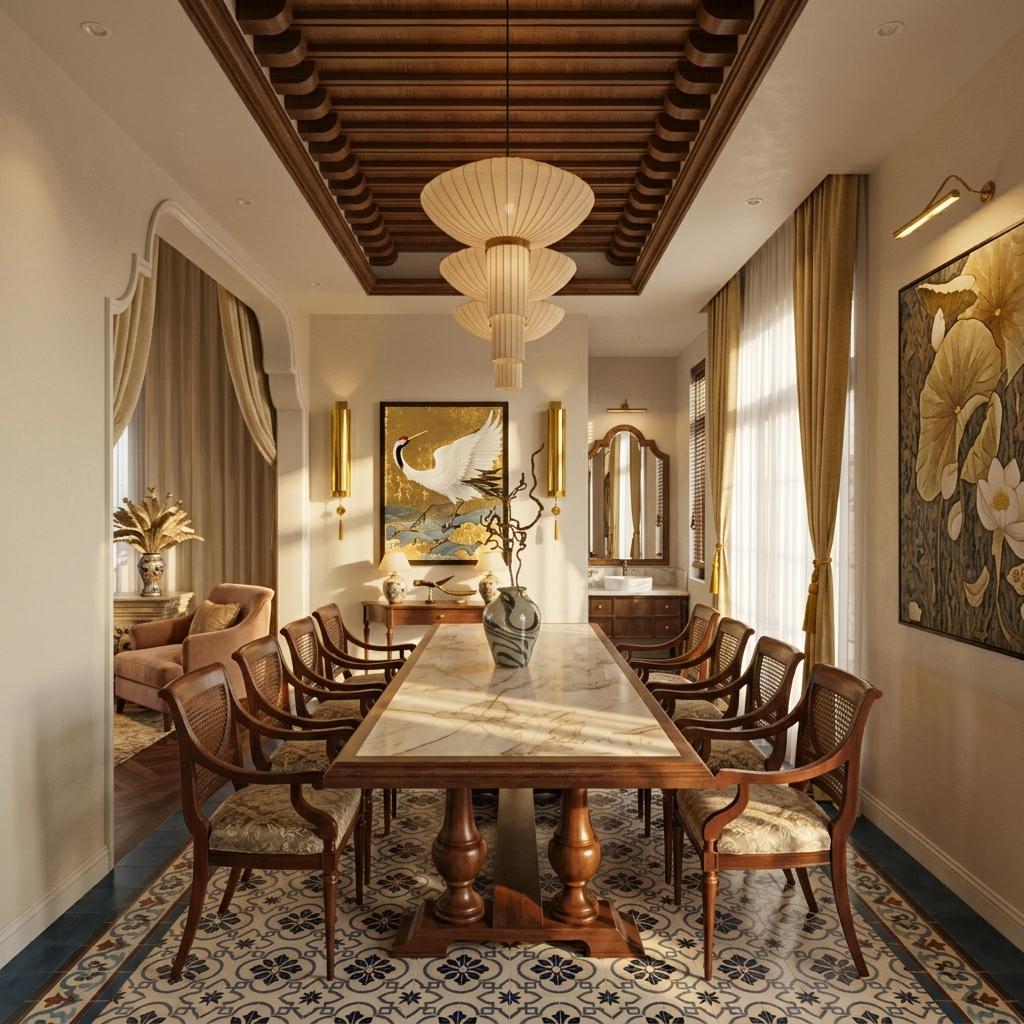 An incredibly lifelike, richly detailed, photorealistic interior photo of a grand colonial classic living and dining space set in a luxurious residence. The scene is illuminated by warm afternoon light streaming through tall, curtain-draped windows, creating a serene and prestigious atmosphere. Captured with a professional wide-angle lens, emphasizing the intricate textures of the dark timber ceiling beams and the ornate details of the hand-crafted woodwork. With the ceiling lights turned off, the natural light beautifully highlights a massive marble-topped dining table centered on a vibrant patterned tile floor. A tiered, pleated fabric lantern hangs silently above, casting soft shadows across the room’s cream-colored walls, which are adorned with bold vertical sconces and a large, gold-inflected painting of a white crane. The composition is anchored by perfectly symmetrical mahogany chairs with woven cane backs, while an elegant arched doorway in the background reveals a secondary lounge area, all contributing to a sense of timeless architectural heritage and quiet opulence.